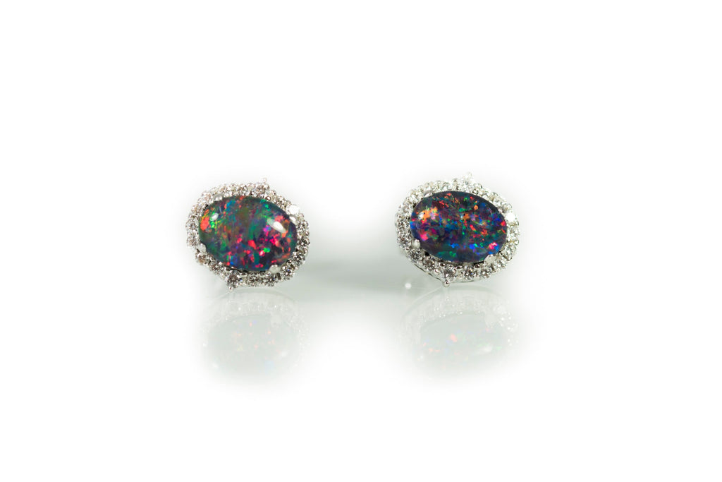 Genuine Australian Opal Earrings -Multi Color Fire Opal - Genuine Australian Triplet Opal Halo Cluster Earrings in Sterling Silver White Gold Plated