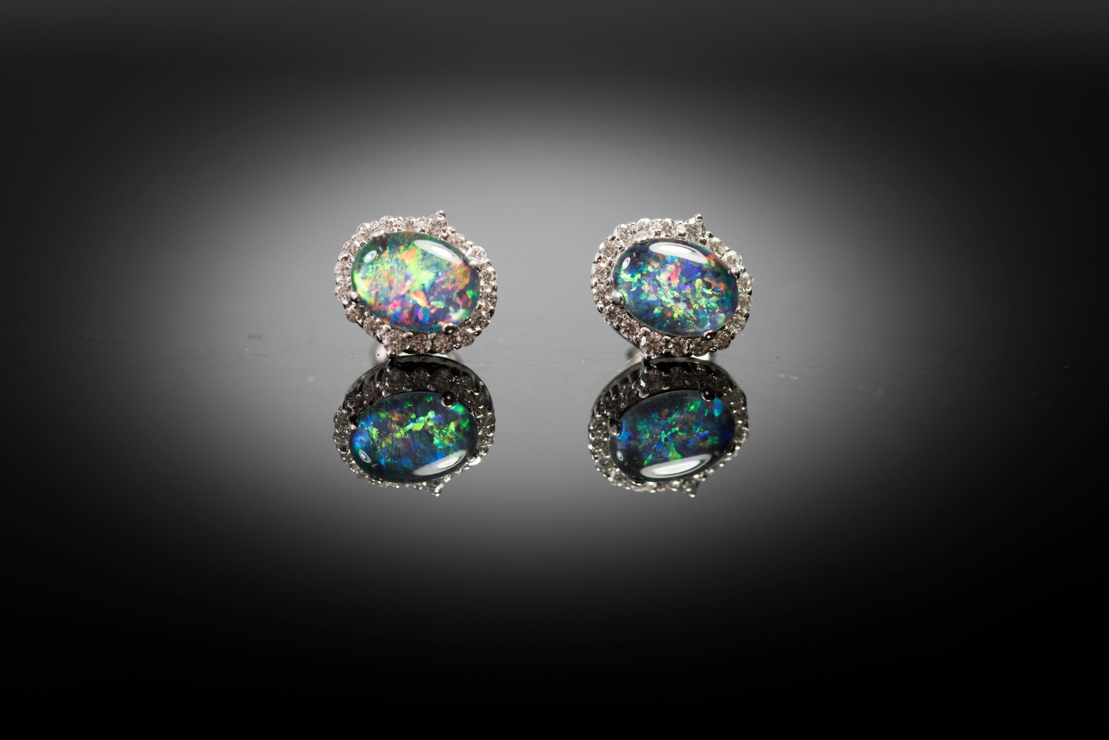 Genuine Australian Opal Earrings -Multi Color Fire Opal - Genuine Australian Triplet Opal Halo Cluster Earrings in Sterling Silver White Gold Plated