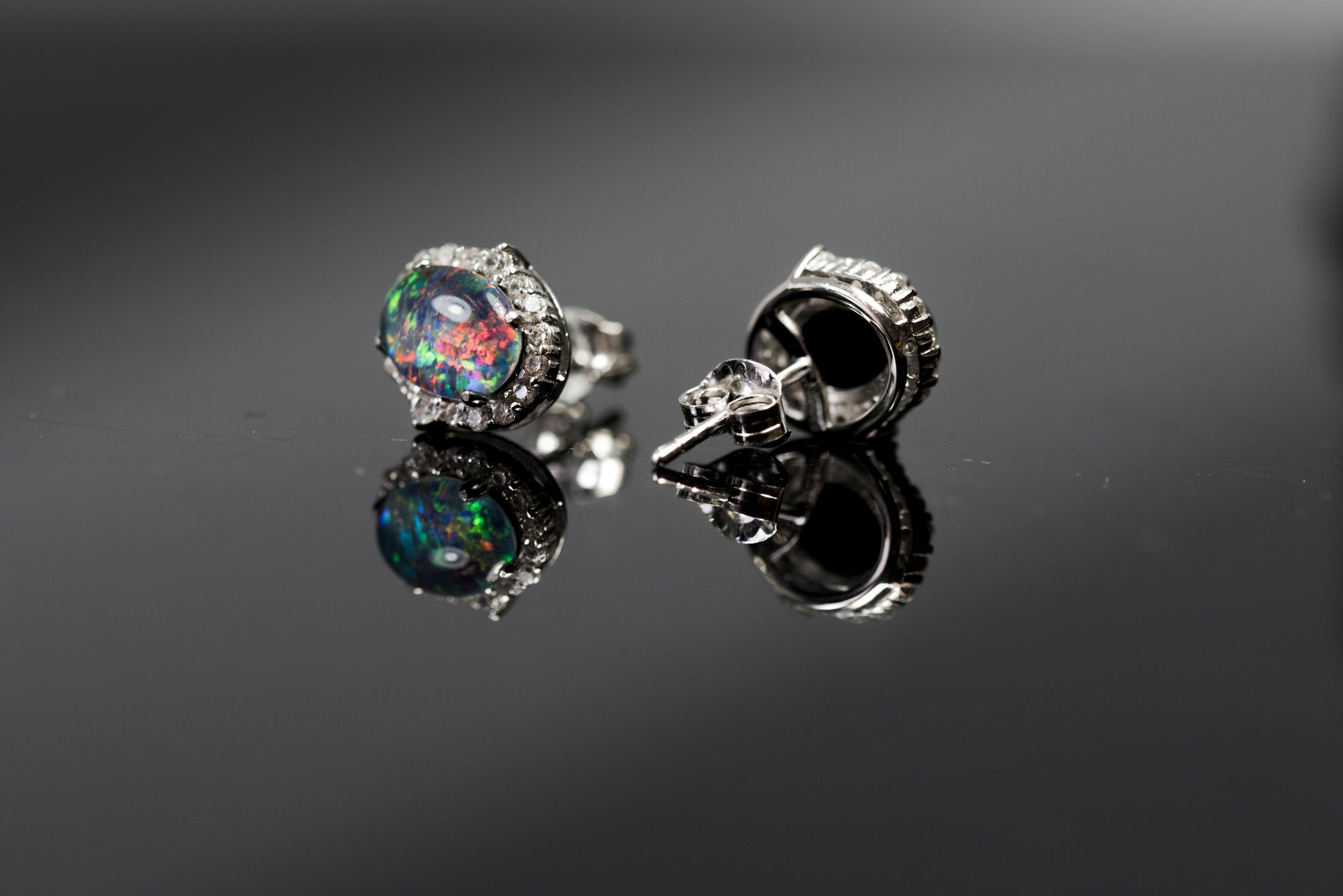 Genuine Australian Opal Earrings -Multi Color Fire Opal - Genuine Australian Triplet Opal Halo Cluster Earrings in Sterling Silver White Gold Plated