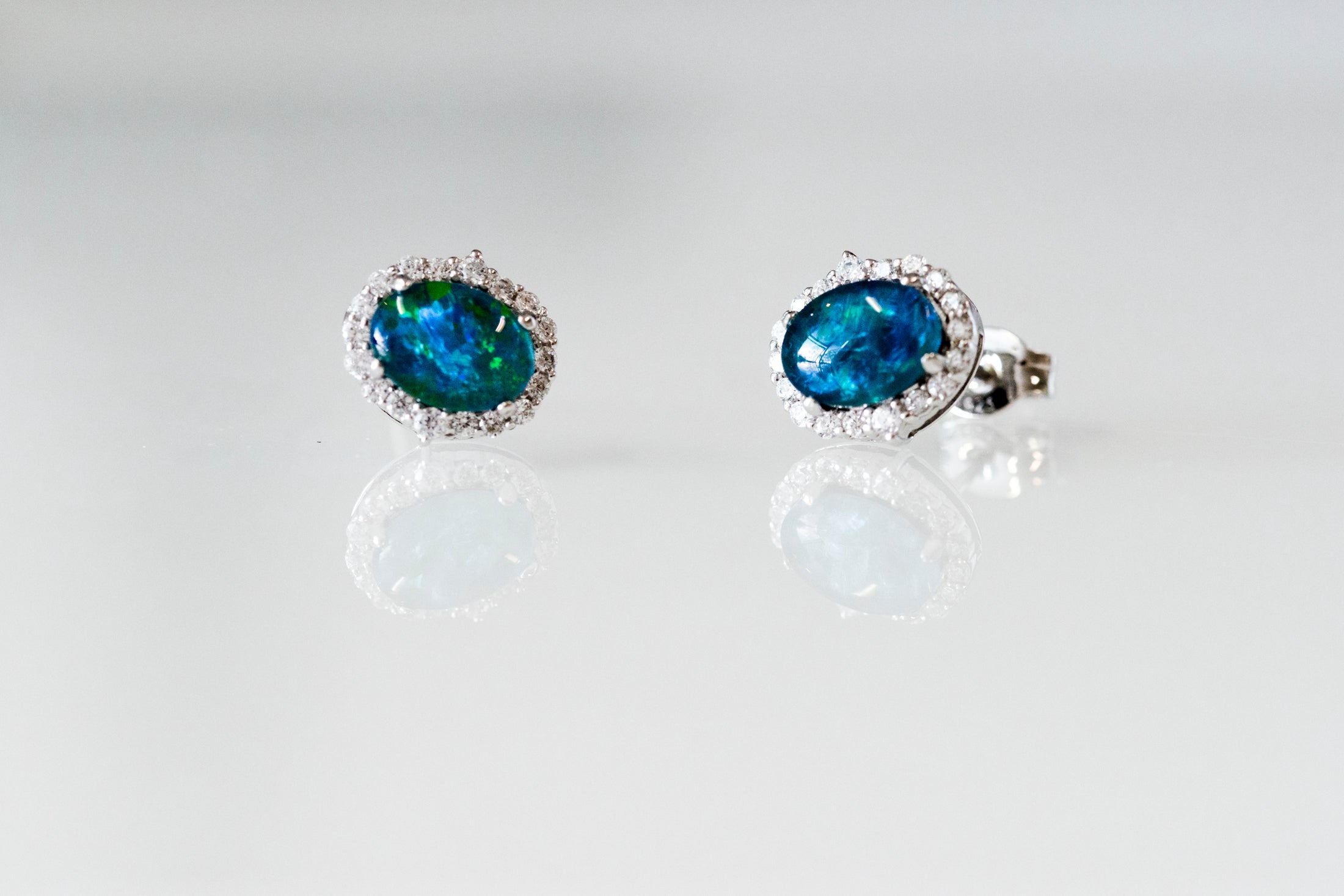 Genuine Australian Opal Earrings - Green Blue Fire Opal - Luxury Design Australian Triplet Opal Halo Cluster Earrings in Sterling Silver White Gold Plated