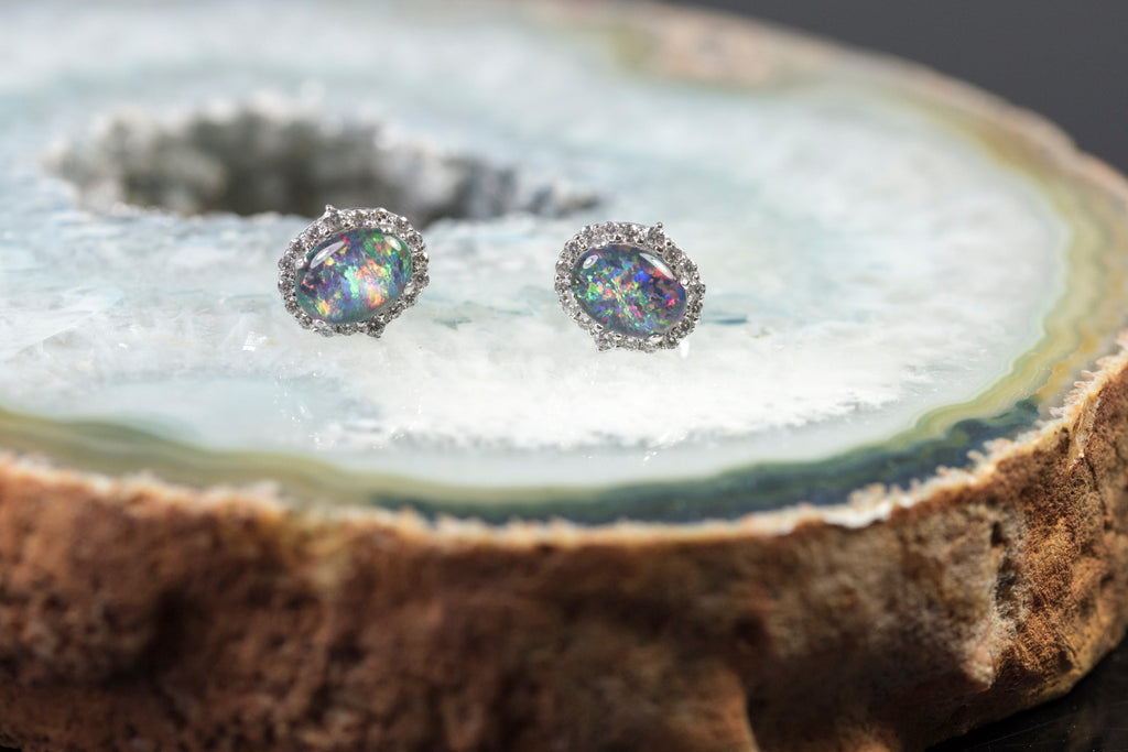 Genuine Australian Opal Earrings -Multi Color Fire Opal - Genuine Australian Triplet Opal Halo Cluster Earrings in Sterling Silver White Gold Plated
