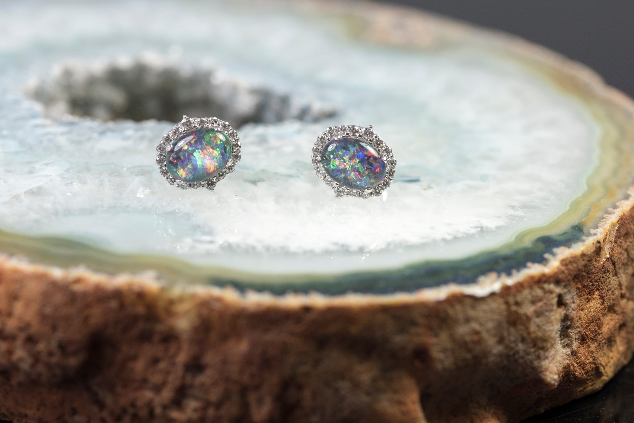 Genuine Australian Opal Earrings -Multi Color Fire Opal - Genuine Australian Triplet Opal Halo Cluster Earrings in Sterling Silver White Gold Plated