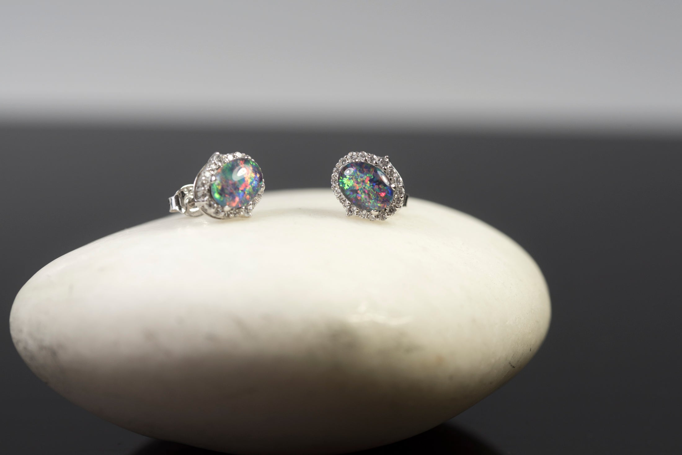 Genuine Australian Opal Earrings -Multi Color Fire Opal - Genuine Australian Triplet Opal Halo Cluster Earrings in Sterling Silver White Gold Plated