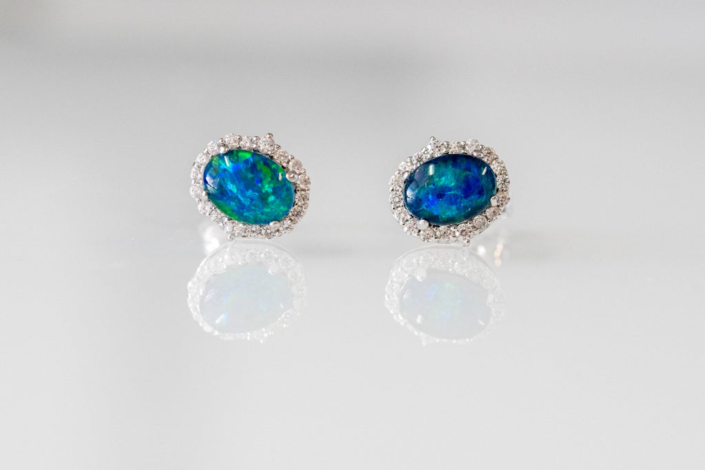 Genuine Australian Opal Earrings - Green Blue Fire Opal - Luxury Design Australian Triplet Opal Halo Cluster Earrings in Sterling Silver White Gold Plated