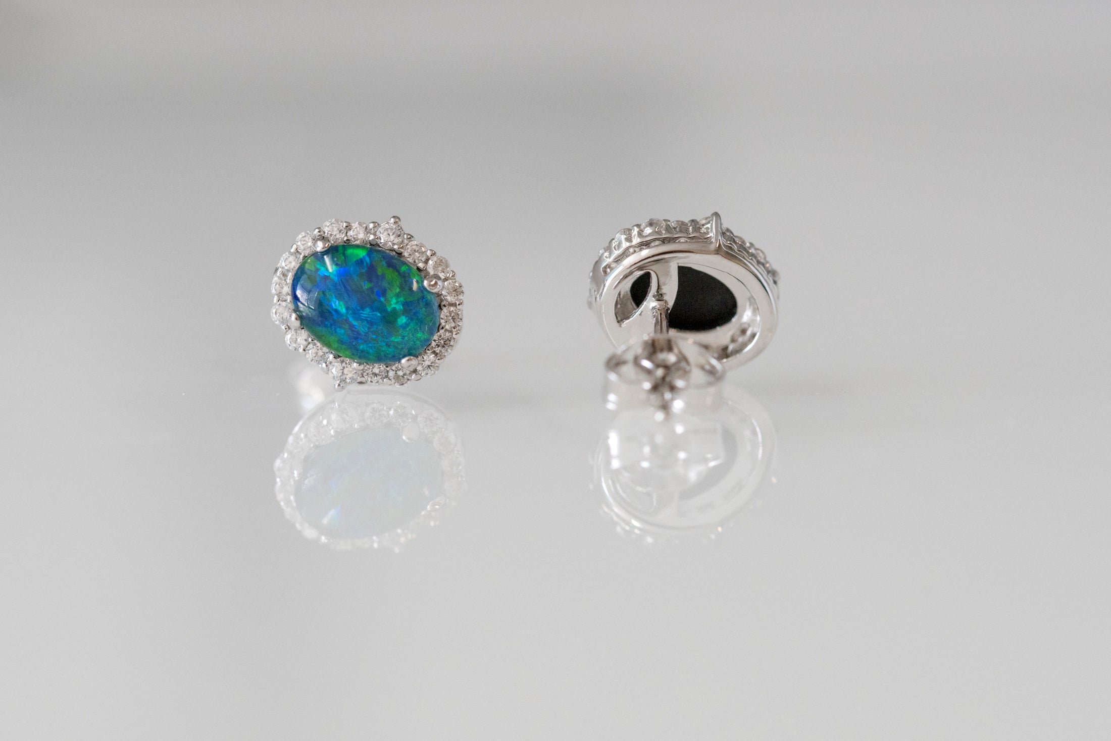 Genuine Australian Opal Earrings - Green Blue Fire Opal - Luxury Design Australian Triplet Opal Halo Cluster Earrings in Sterling Silver White Gold Plated