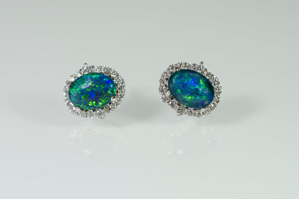Genuine Australian Opal Earrings - Green Blue Fire Opal - Luxury Design Australian Triplet Opal Halo Cluster Earrings in Sterling Silver White Gold Plated
