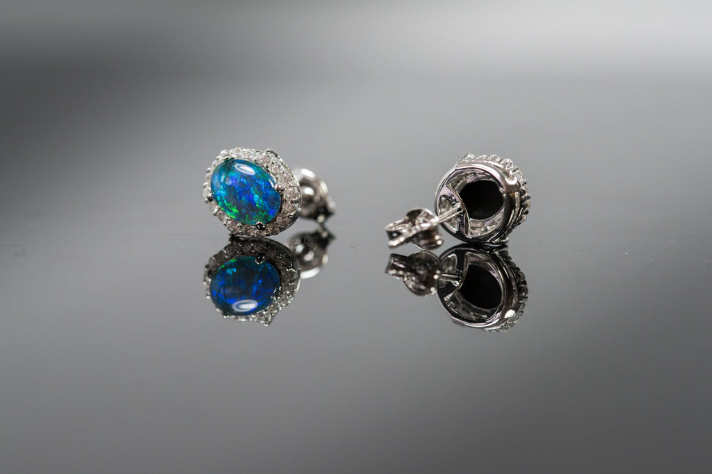 Genuine Australian Opal Earrings - Green Blue Fire Opal - Luxury Design Australian Triplet Opal Halo Cluster Earrings in Sterling Silver White Gold Plated