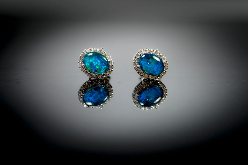 Genuine Australian Opal Earrings - Green Blue Fire Opal - Luxury Design Australian Triplet Opal Halo Cluster Earrings in Sterling Silver White Gold Plated