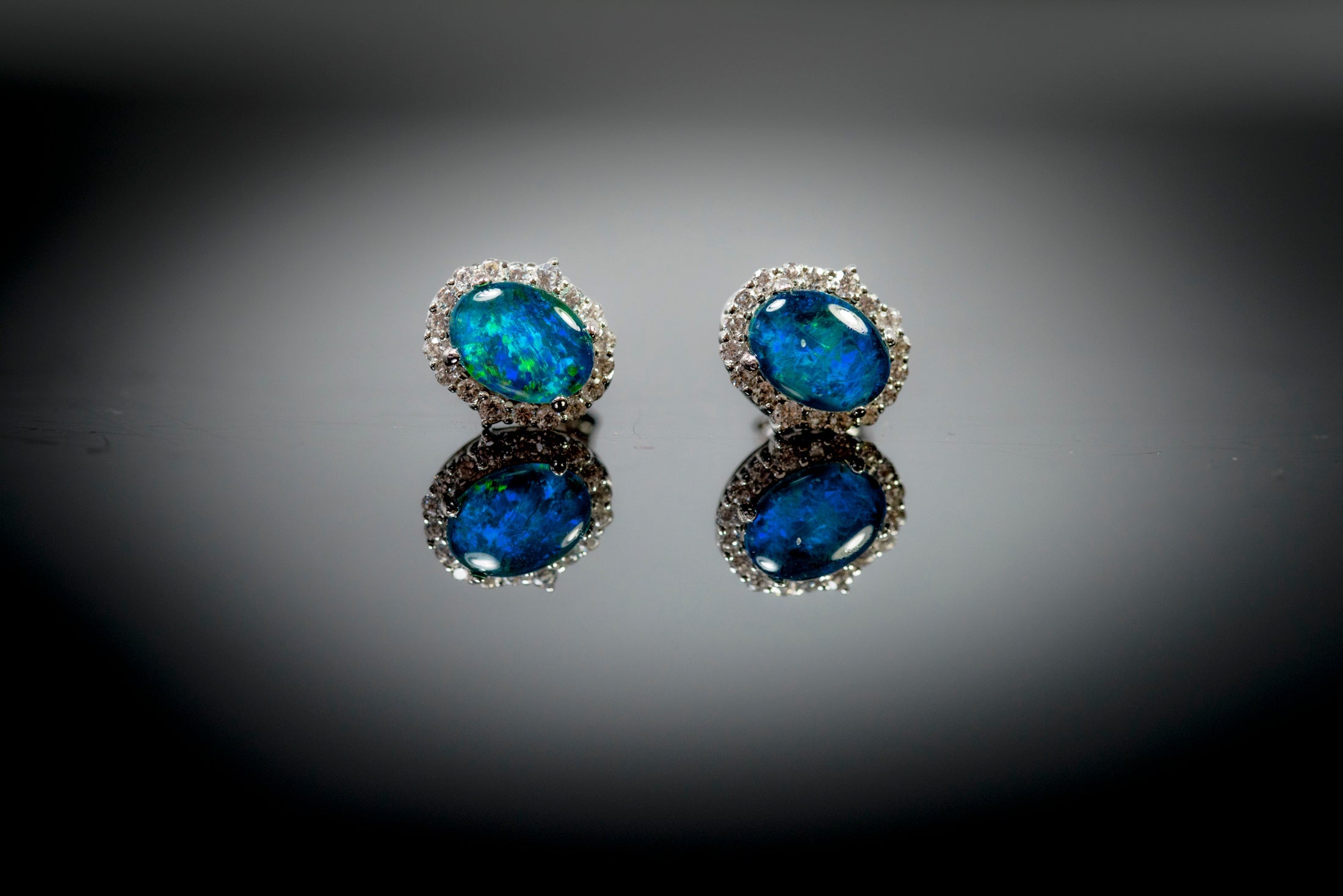 Genuine Australian Opal Earrings - Green Blue Fire Opal - Luxury Design Australian Triplet Opal Halo Cluster Earrings in Sterling Silver White Gold Plated