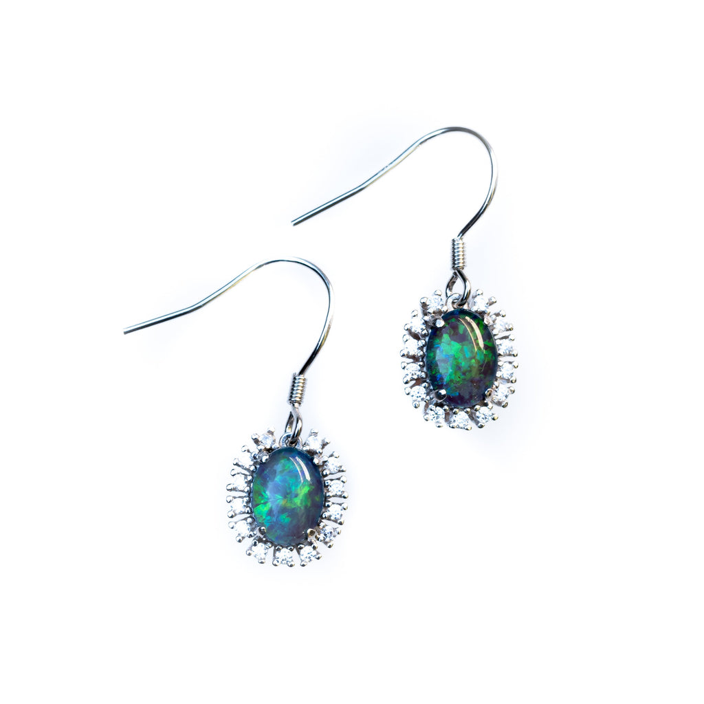 Australian Triplet Opal Earrings - Green Blue Fire Opal - Genuine Australian Triplet Opal Earrings in Sterling Silver White Gold Plated