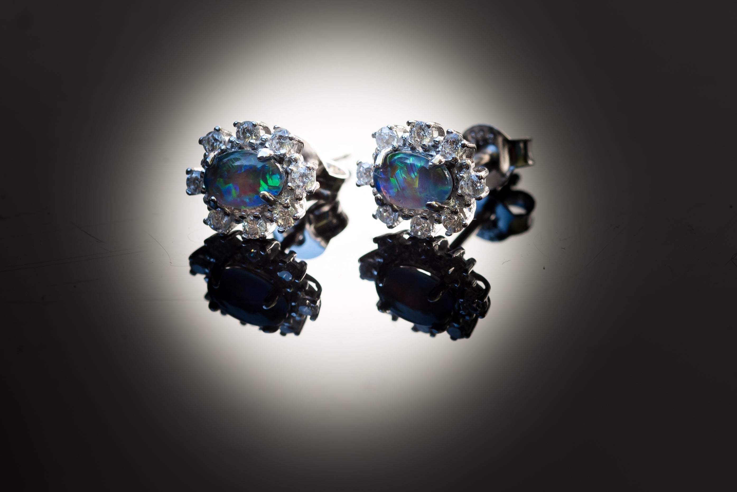 Dainty Australian Opal Earrings - Green Blue Fire Opal - Genuine Australian Triplet Opal Earrings in Sterling Silver White Gold Plated