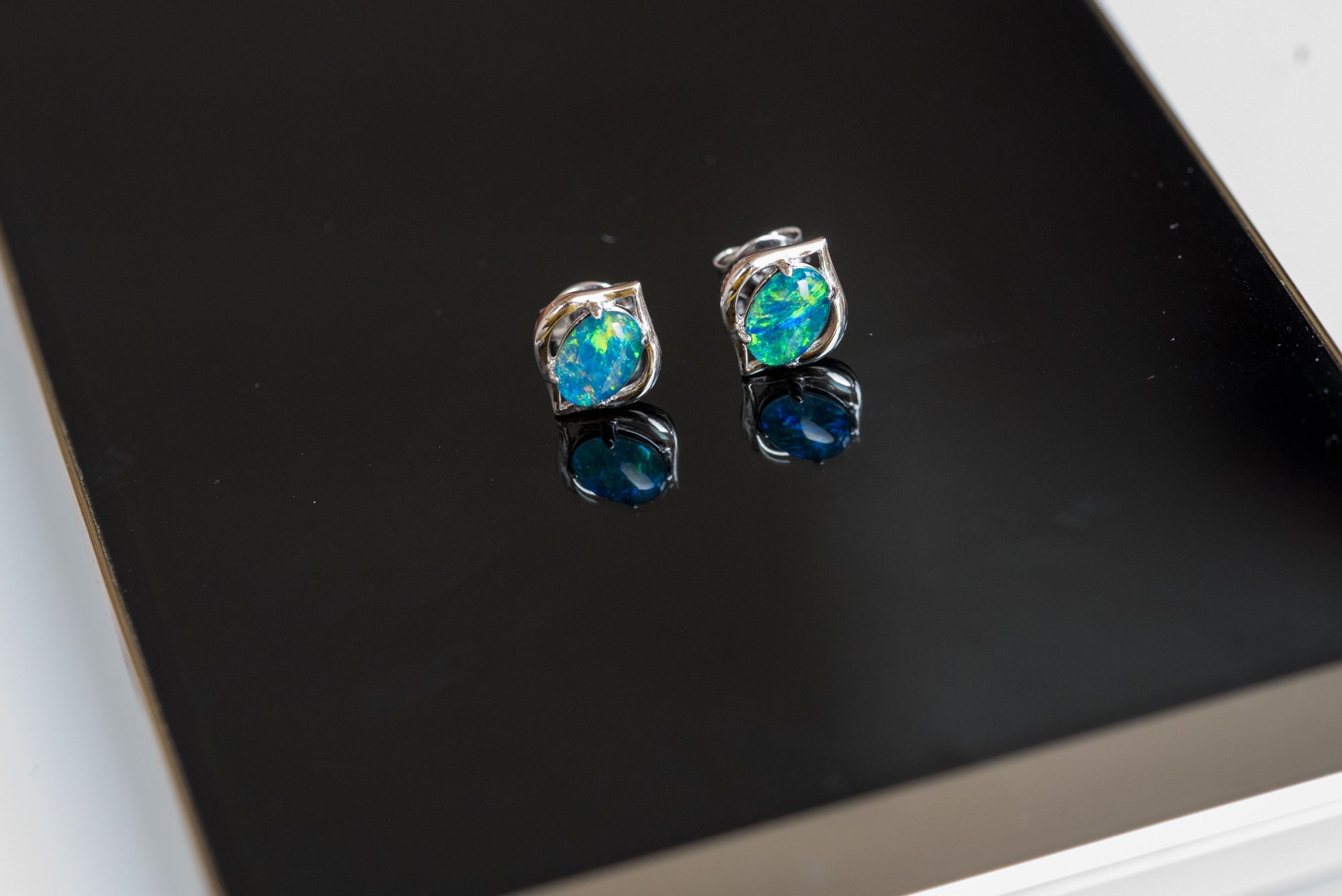 Dainty Australian Opal Earrings - Green Blue Fire Opal - Genuine Australian Triplet Opal Earrings in Sterling Silver White Gold Plated