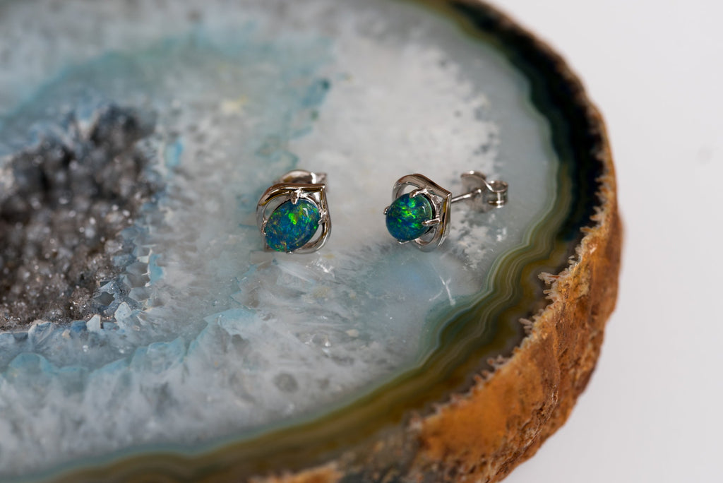 Dainty Australian Opal Earrings - Green Blue Fire Opal - Genuine Australian Triplet Opal Earrings in Sterling Silver White Gold Plated