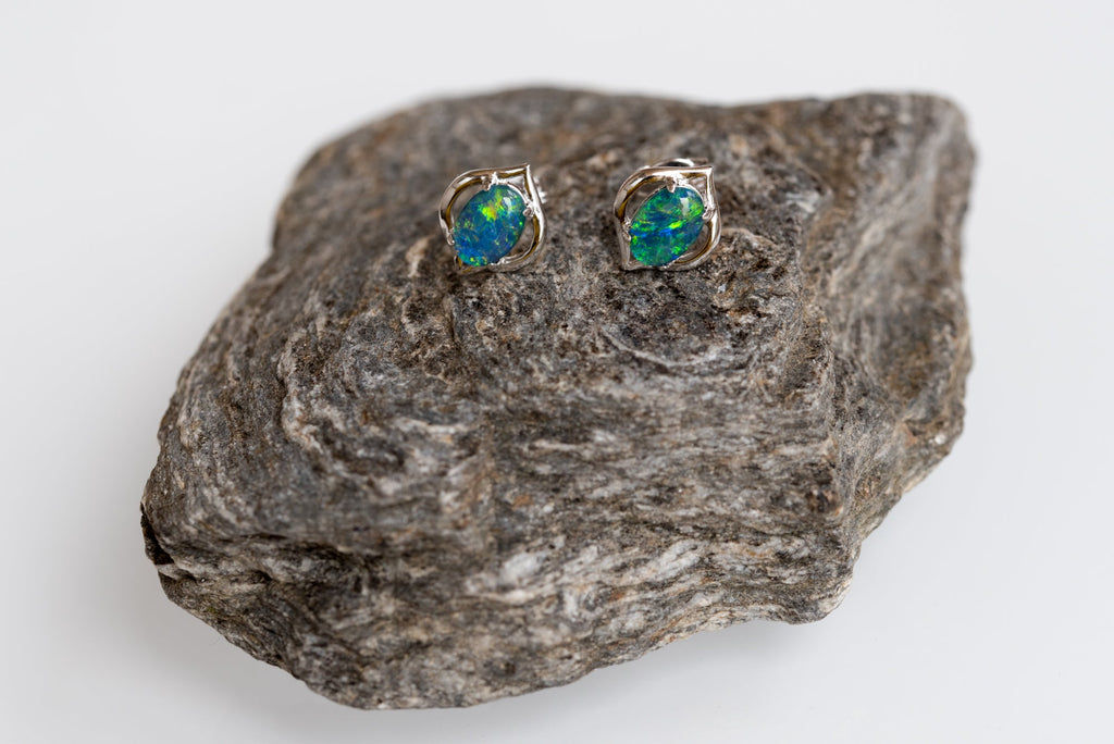 Dainty Australian Opal Earrings - Green Blue Fire Opal - Genuine Australian Triplet Opal Earrings in Sterling Silver White Gold Plated