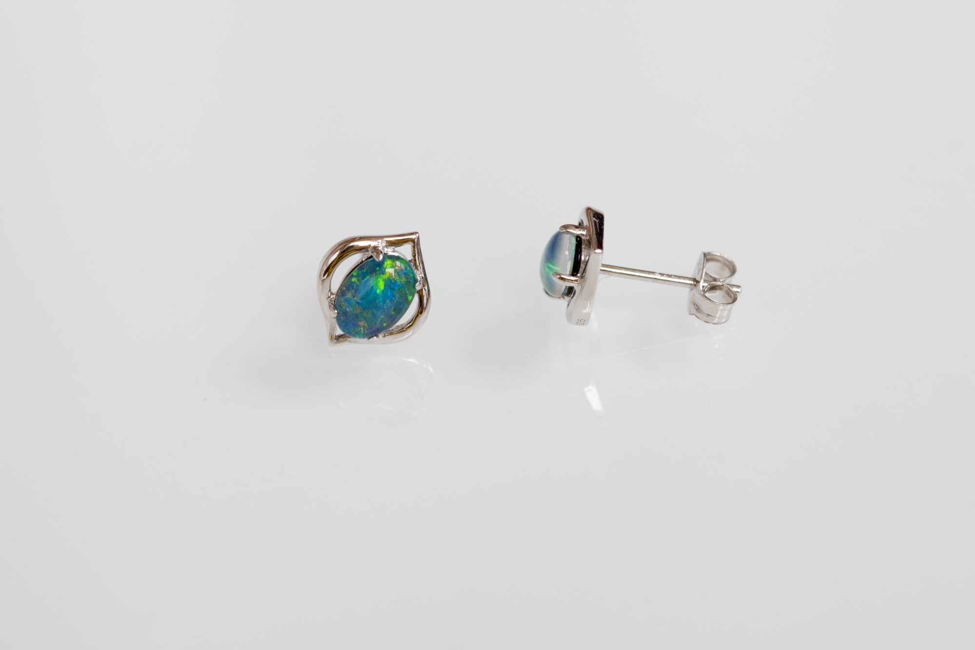 Dainty Australian Opal Earrings - Green Blue Fire Opal - Genuine Australian Triplet Opal Earrings in Sterling Silver White Gold Plated