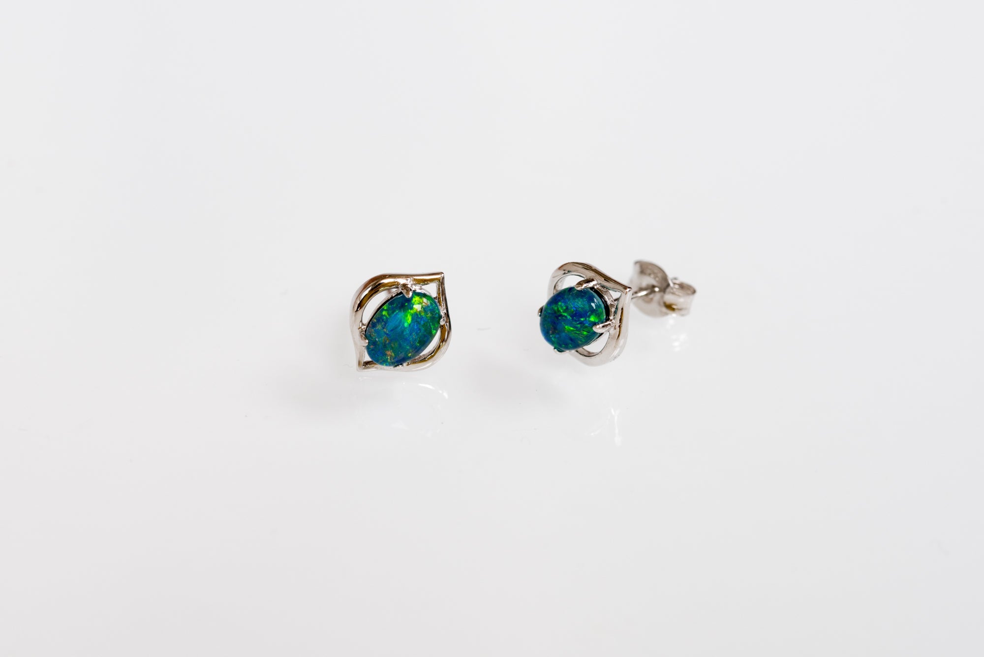 Dainty Australian Opal Earrings - Green Blue Fire Opal - Genuine Australian Triplet Opal Earrings in Sterling Silver White Gold Plated