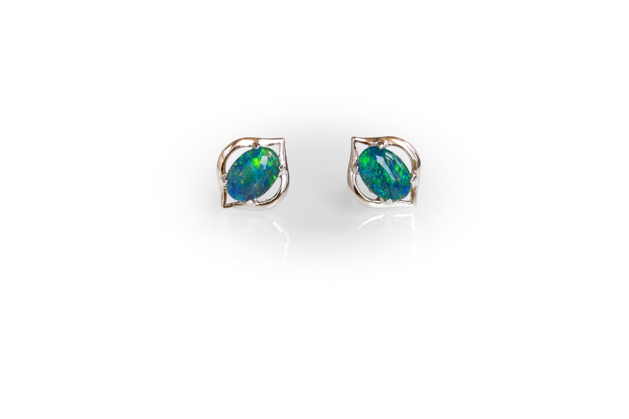 Dainty Australian Opal Earrings - Green Blue Fire Opal - Genuine Australian Triplet Opal Earrings in Sterling Silver White Gold Plated