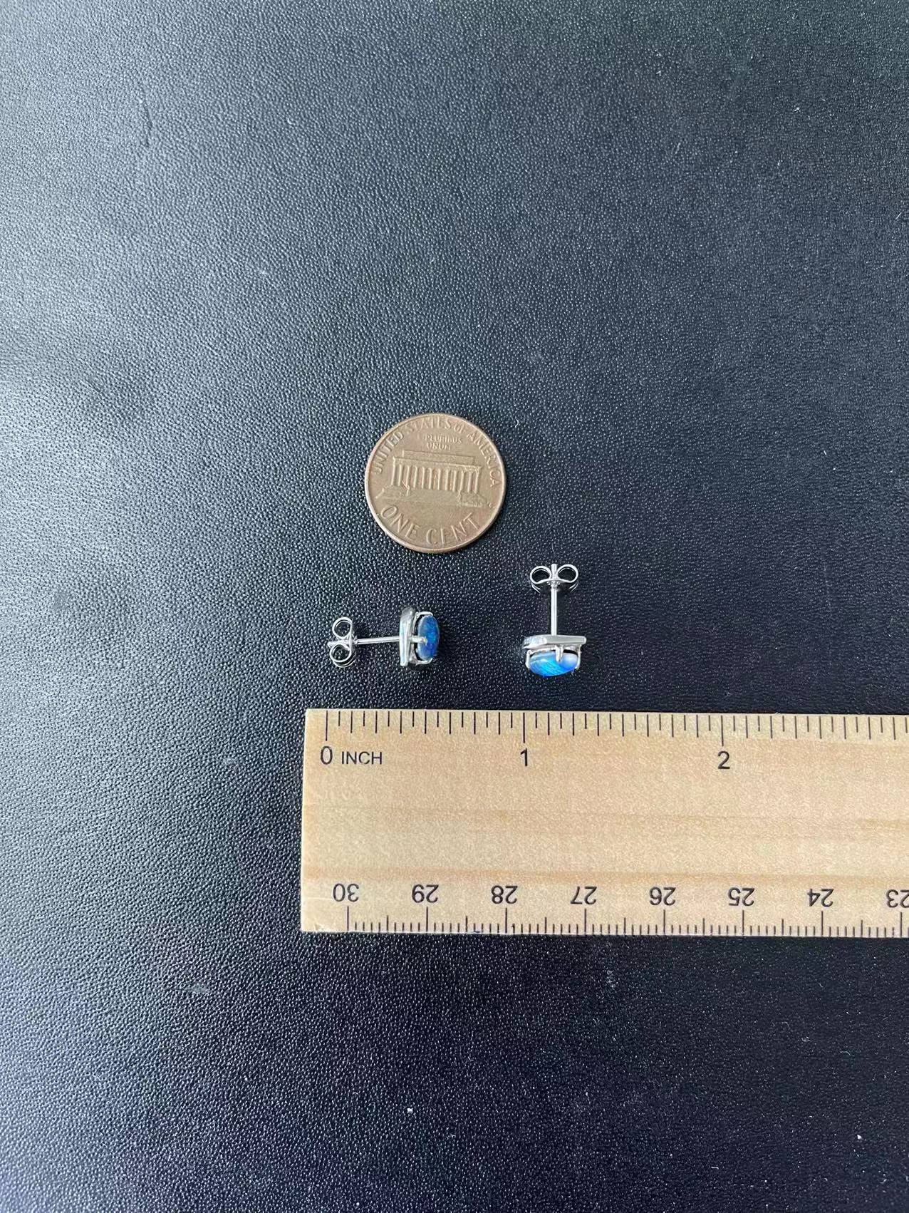 Dainty Australian Opal Earrings - Green Blue Fire Opal - Genuine Australian Triplet Opal Earrings in Sterling Silver White Gold Plated