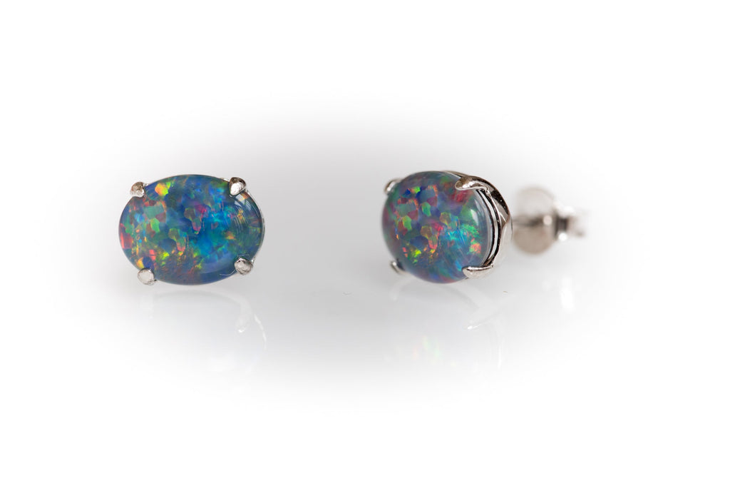 Australian Triplet Opal Earrings - Multi Color Simple Design  Fire Opal - Genuine Australian Triplet Opal Earrings in Sterling Silver White Gold Plated
