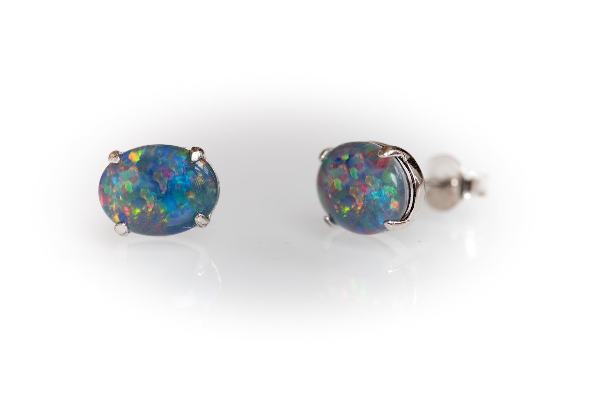 Australian Triplet Opal Earrings - Multi Color Simple Design  Fire Opal - Genuine Australian Triplet Opal Earrings in Sterling Silver White Gold Plated