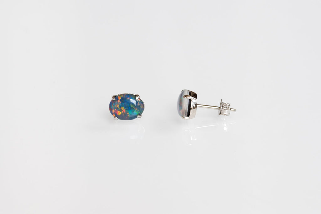 Australian Triplet Opal Earrings - Multi Color Simple Design  Fire Opal - Genuine Australian Triplet Opal Earrings in Sterling Silver White Gold Plated