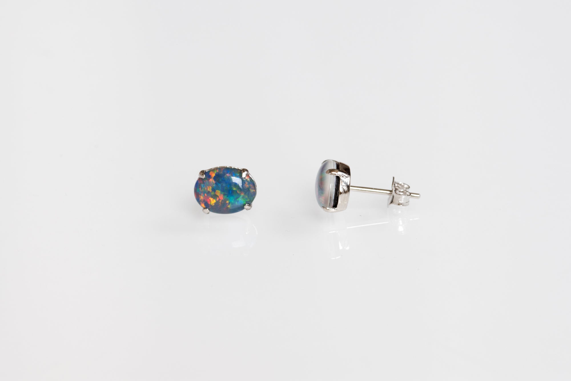 Australian Triplet Opal Earrings - Multi Color Simple Design  Fire Opal - Genuine Australian Triplet Opal Earrings in Sterling Silver White Gold Plated