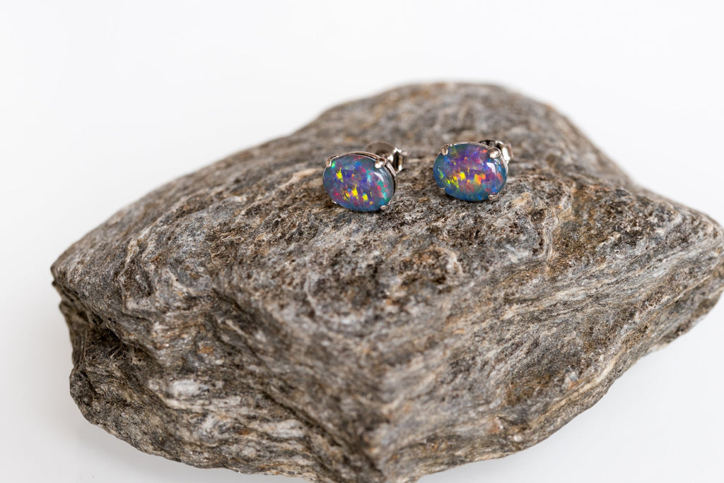 Australian Triplet Opal Earrings - Multi Color Simple Design  Fire Opal - Genuine Australian Triplet Opal Earrings in Sterling Silver White Gold Plated