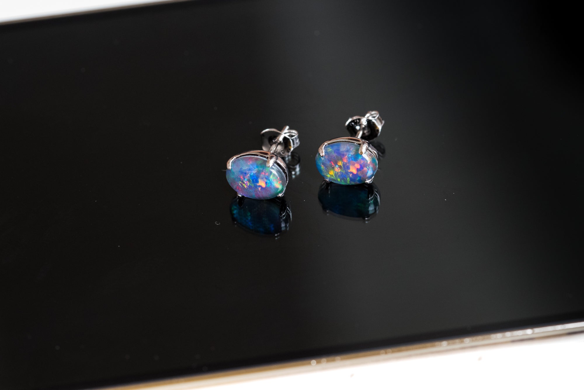 Australian Triplet Opal Earrings - Multi Color Simple Design  Fire Opal - Genuine Australian Triplet Opal Earrings in Sterling Silver White Gold Plated
