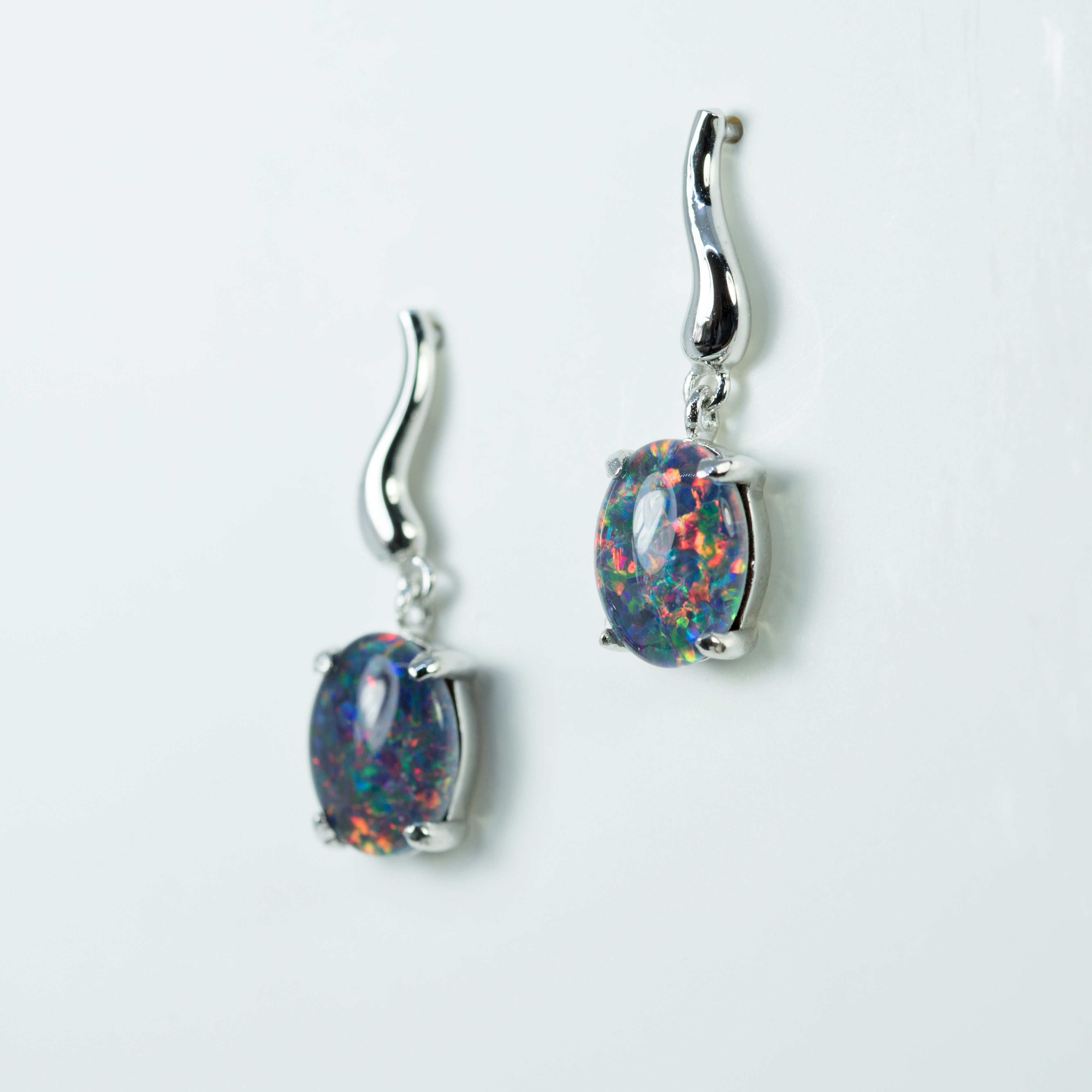 Australian Opal Earrings - Multi Color Fire Opal - Genuine Australian Triplet Opal Earrings in Sterling Silver White Gold Plated