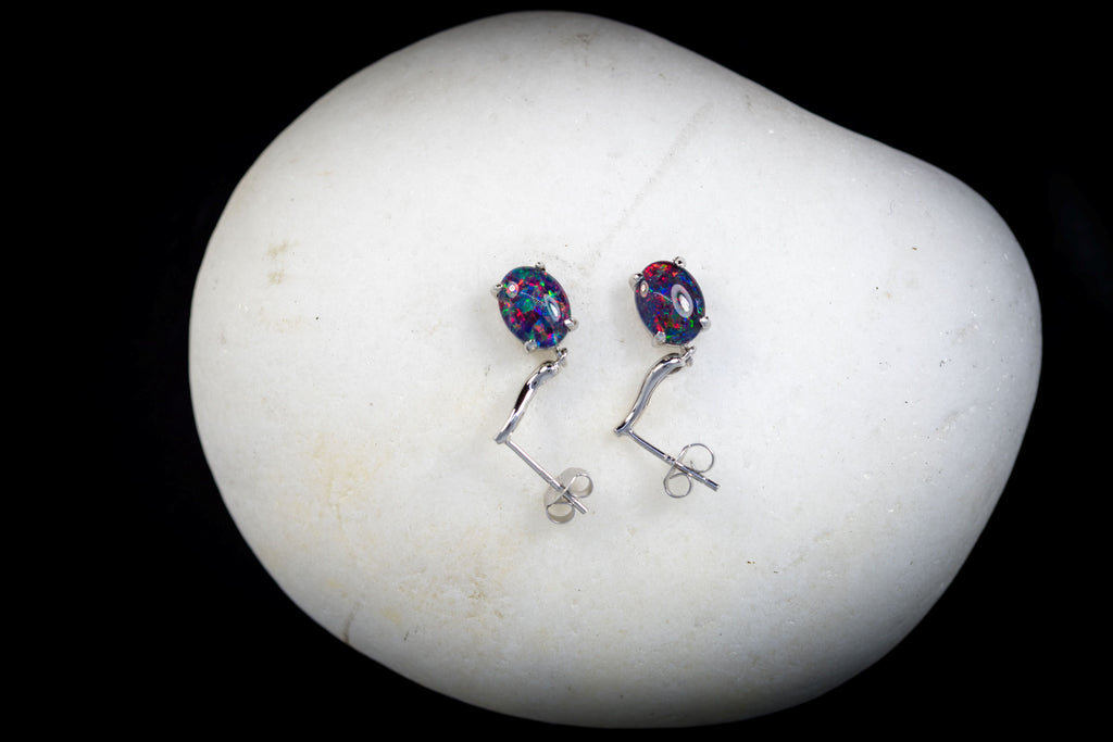Australian Opal Earrings - Multi Color Fire Opal - Genuine Australian Triplet Opal Earrings in Sterling Silver White Gold Plated