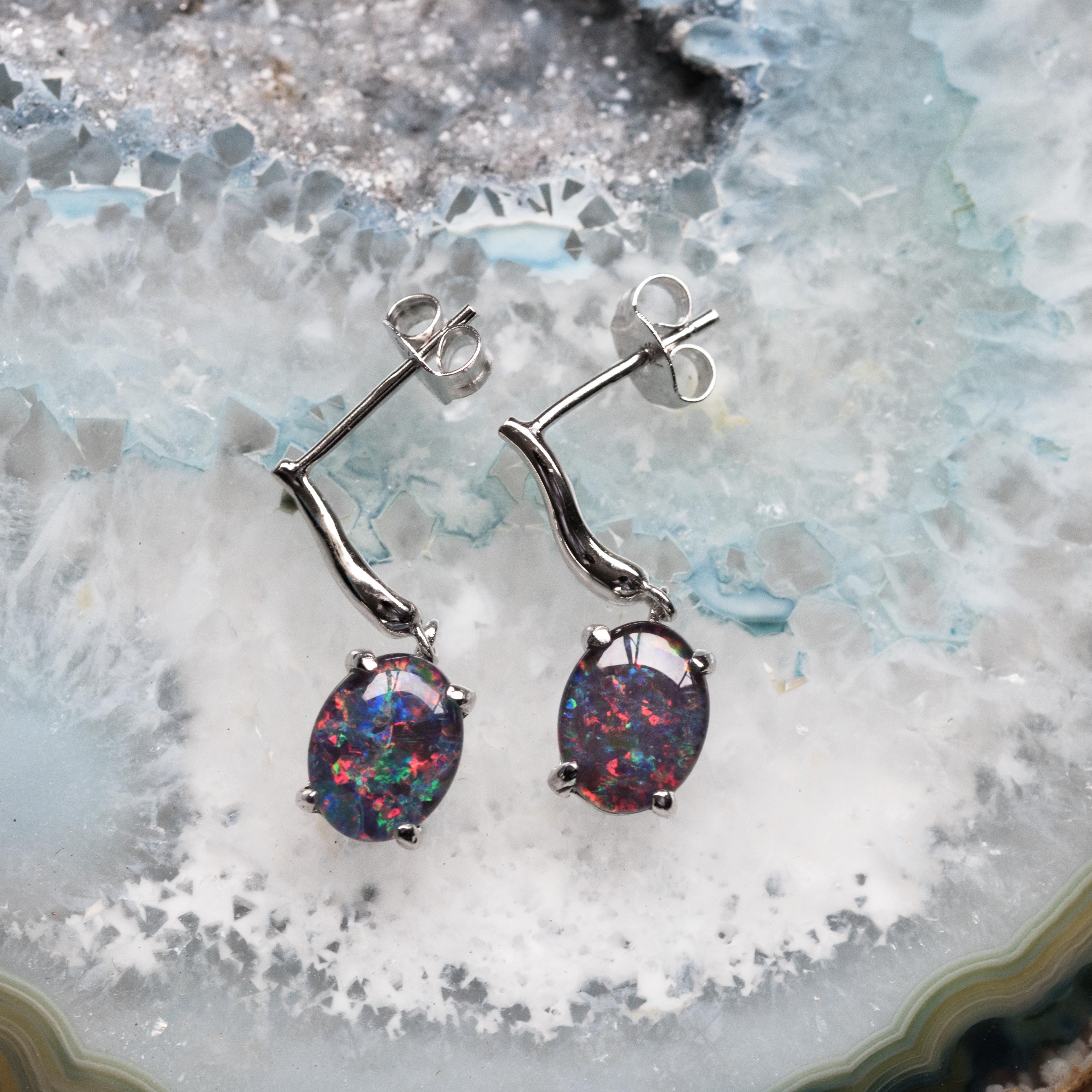 Australian Opal Earrings - Multi Color Fire Opal - Genuine Australian Triplet Opal Earrings in Sterling Silver White Gold Plated