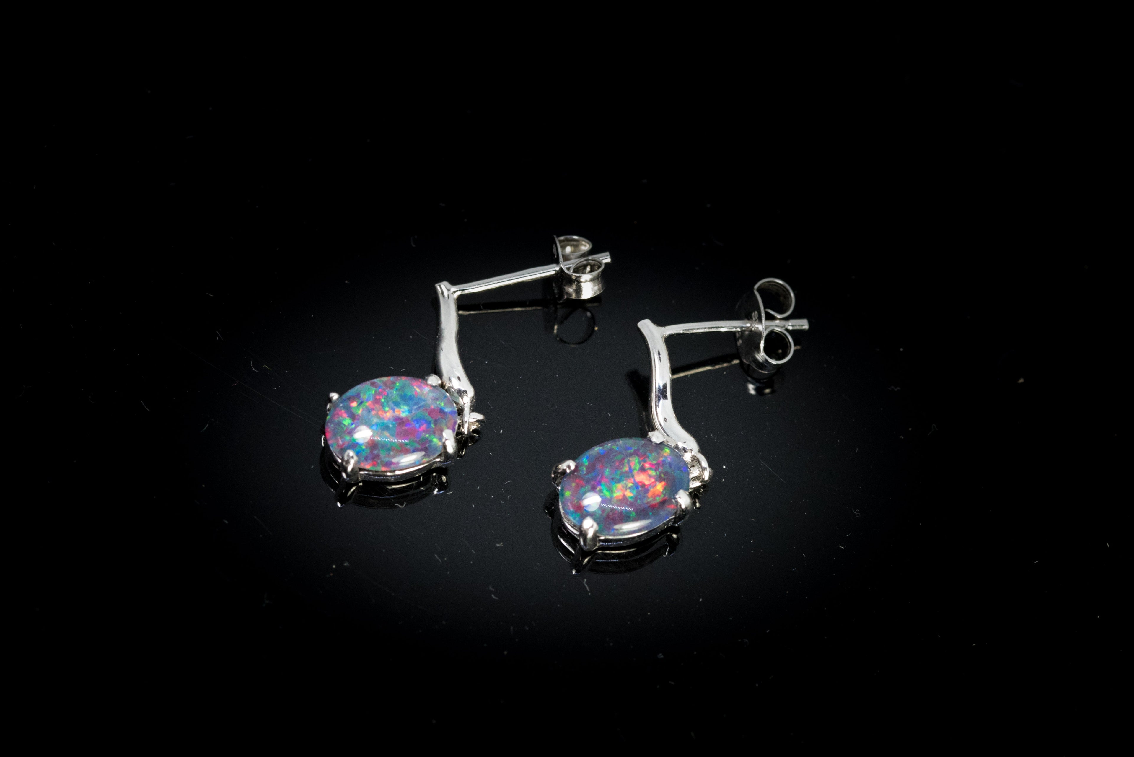 Australian Opal Earrings - Multi Color Fire Opal - Genuine Australian Triplet Opal Earrings in Sterling Silver White Gold Plated
