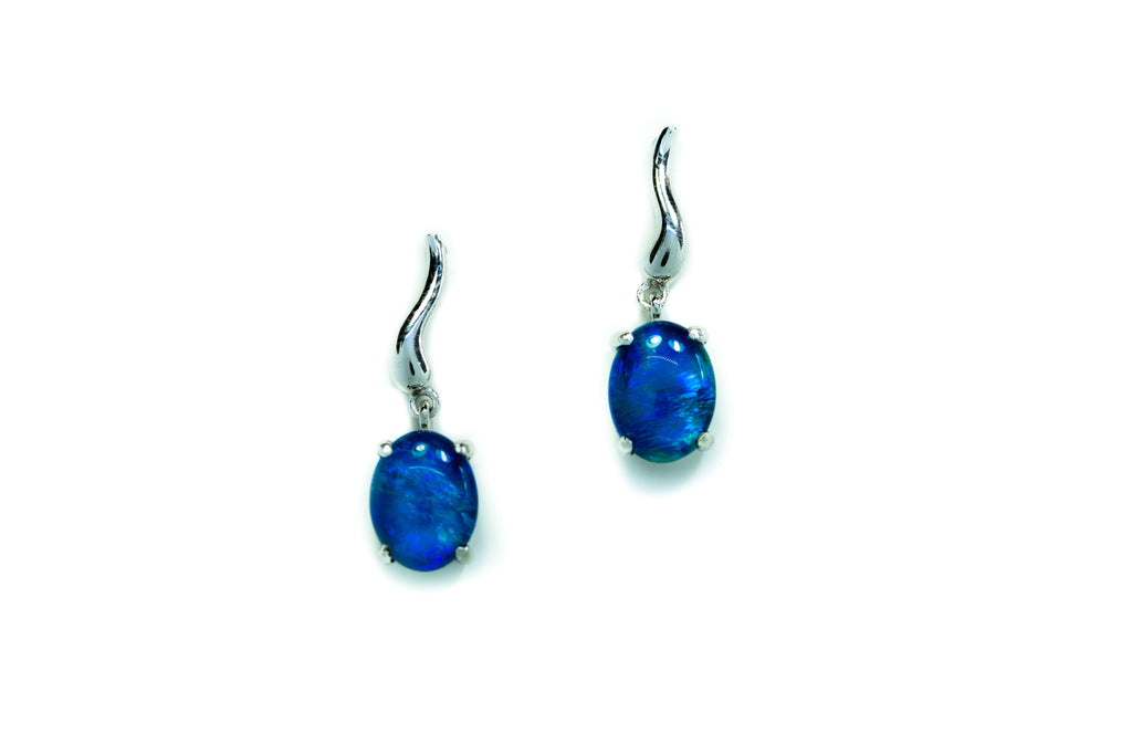 Australian Triplet Opal Earrings -Ocean Blue Opal - Genuine Australian Triplet Opal Earrings in Sterling Silver White Gold Plated
