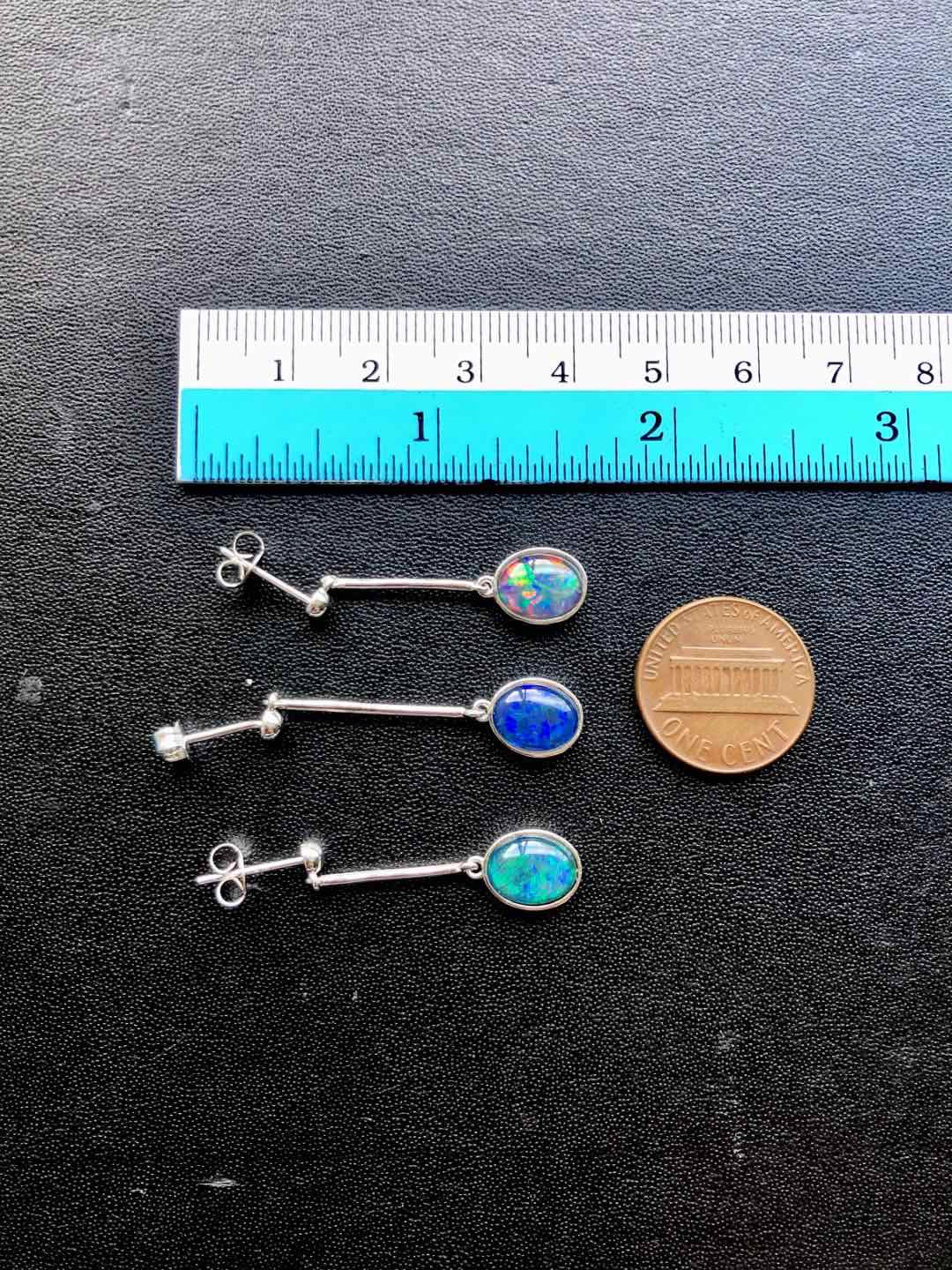 Australian Triplet Opal Earrings - Green Blue Dangling Opal - Genuine Australian Triplet Opal Earrings in Sterling Silver White Gold Plated