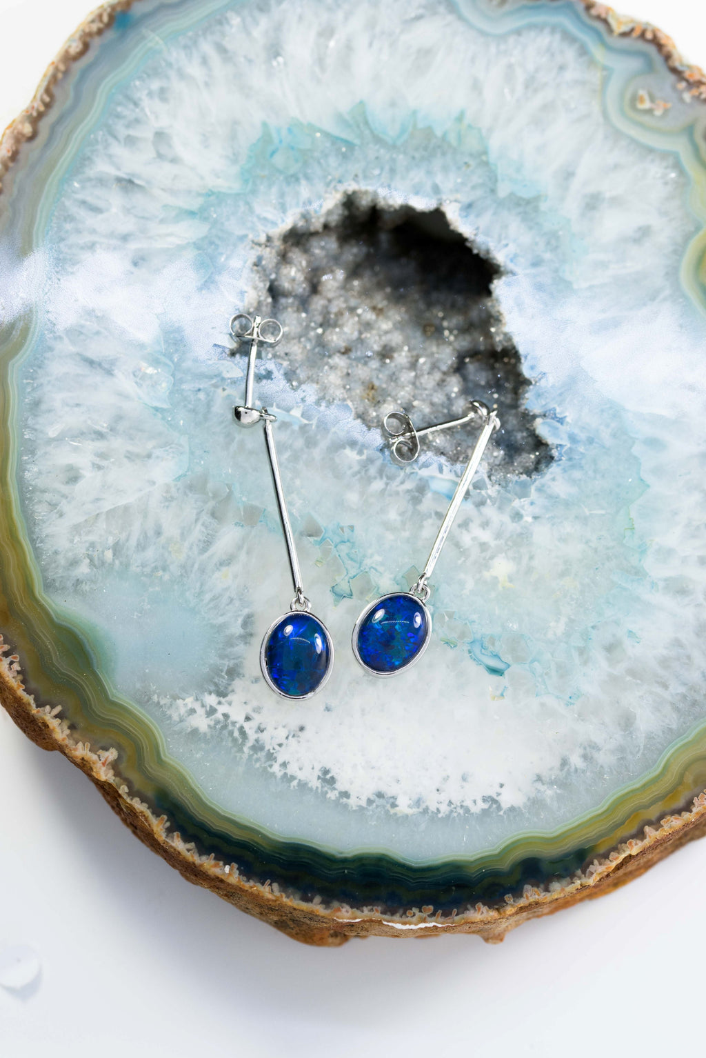 Australian Dangling Opal Earrings - Ocean Blue Colour Opal - Genuine Australian Triplet Opal Earrings in Sterling Silver White Gold Plated