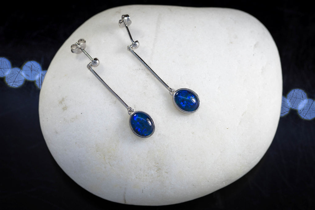 Australian Dangling Opal Earrings - Ocean Blue Colour Opal - Genuine Australian Triplet Opal Earrings in Sterling Silver White Gold Plated