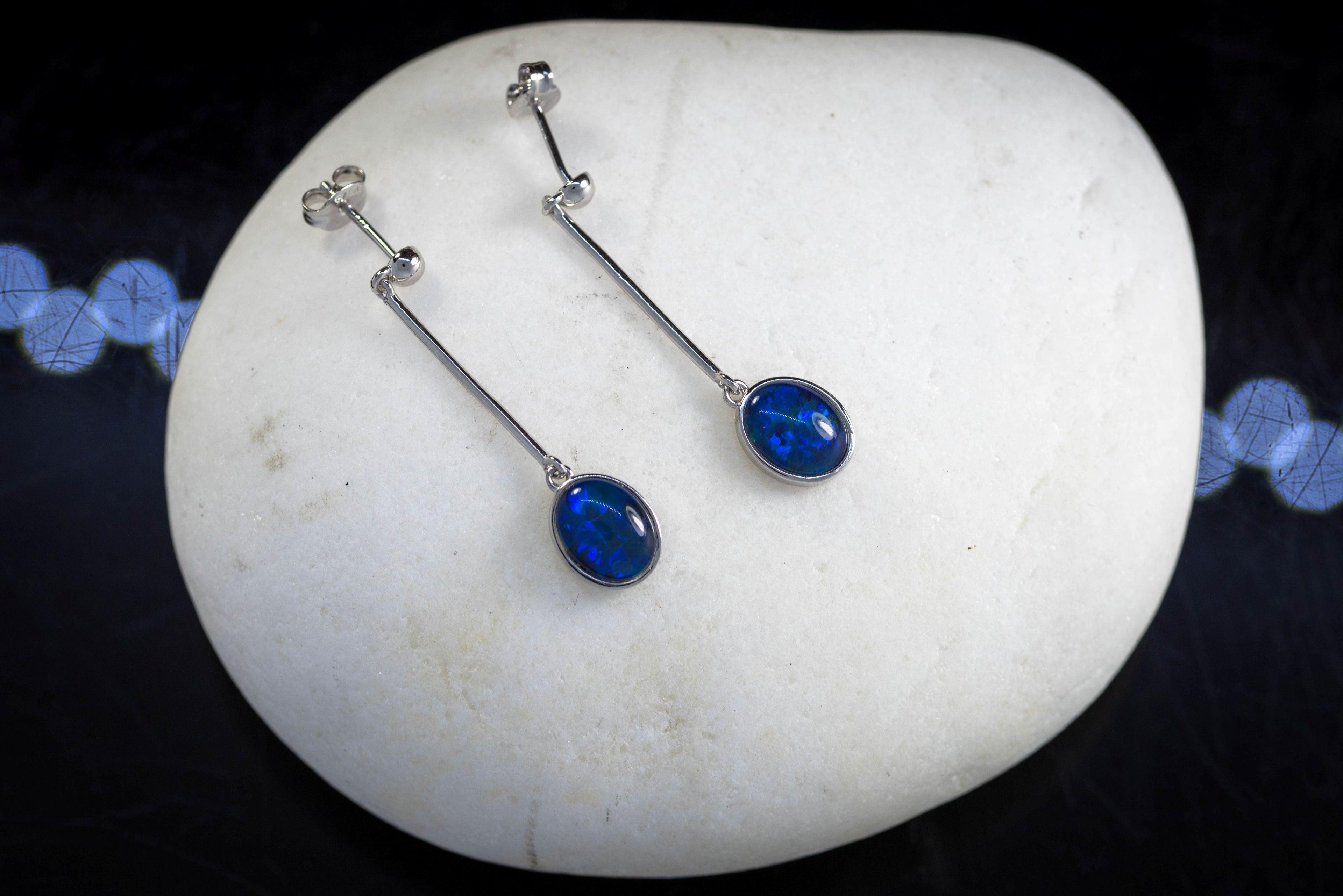 Australian Dangling Opal Earrings - Ocean Blue Colour Opal - Genuine Australian Triplet Opal Earrings in Sterling Silver White Gold Plated