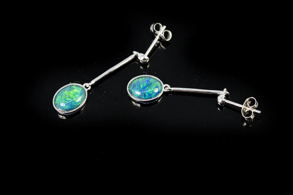 Australian Triplet Opal Earrings - Green Blue Dangling Opal - Genuine Australian Triplet Opal Earrings in Sterling Silver White Gold Plated