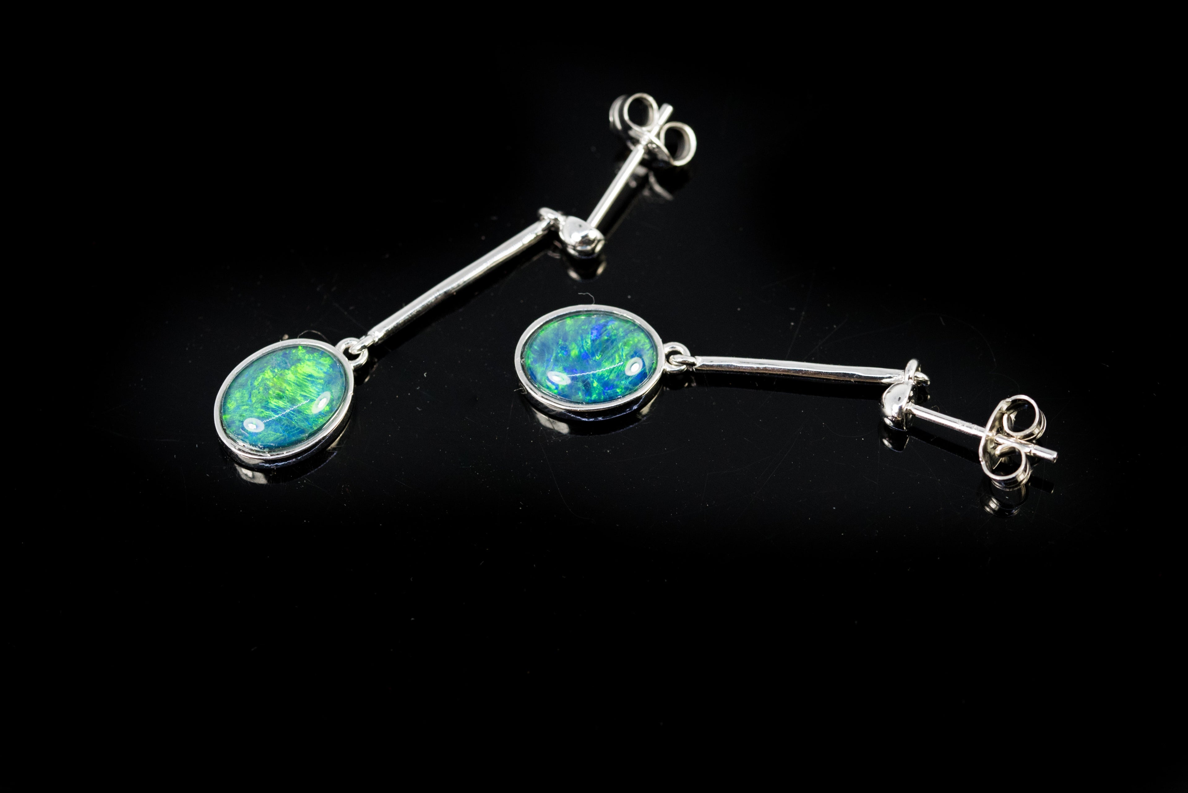 Australian Triplet Opal Earrings - Green Blue Dangling Opal - Genuine Australian Triplet Opal Earrings in Sterling Silver White Gold Plated