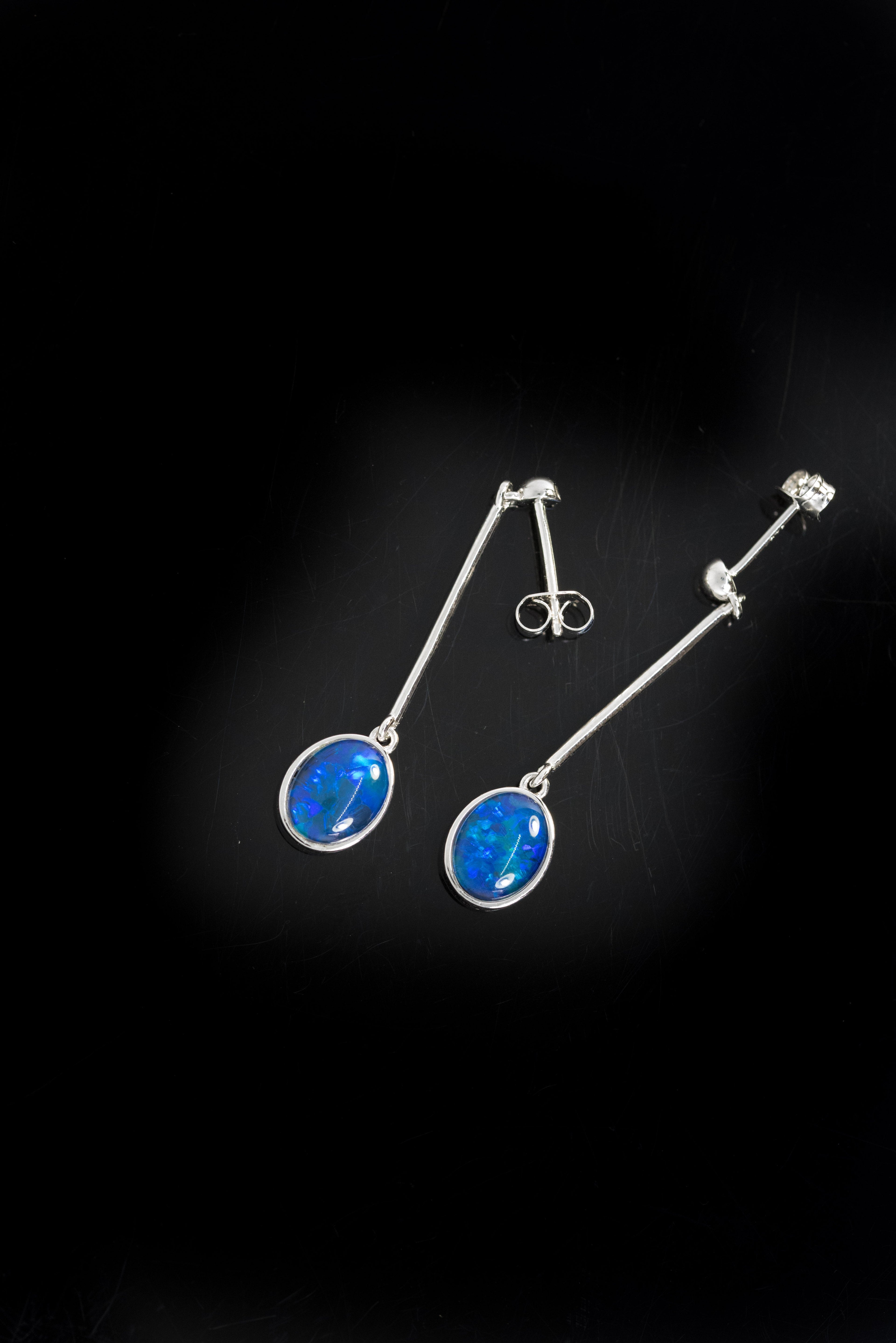 Australian Dangling Opal Earrings - Ocean Blue Colour Opal - Genuine Australian Triplet Opal Earrings in Sterling Silver White Gold Plated