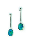 Australian Triplet Opal Earrings - Green Blue Dangling Opal - Genuine Australian Triplet Opal Earrings in Sterling Silver White Gold Plated