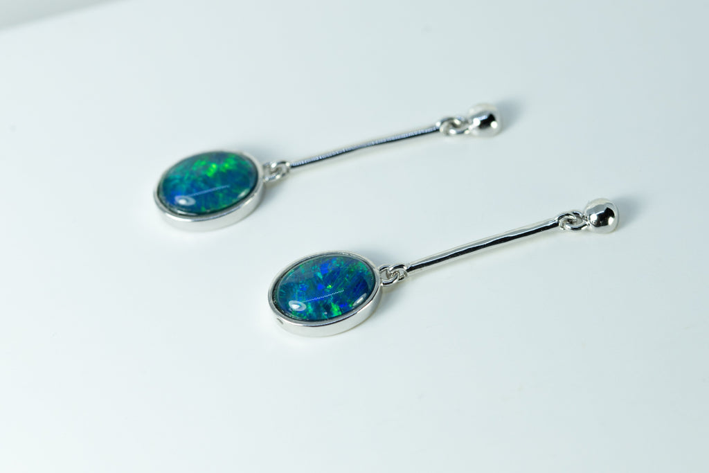 Australian Triplet Opal Earrings - Green Blue Dangling Opal - Genuine Australian Triplet Opal Earrings in Sterling Silver White Gold Plated