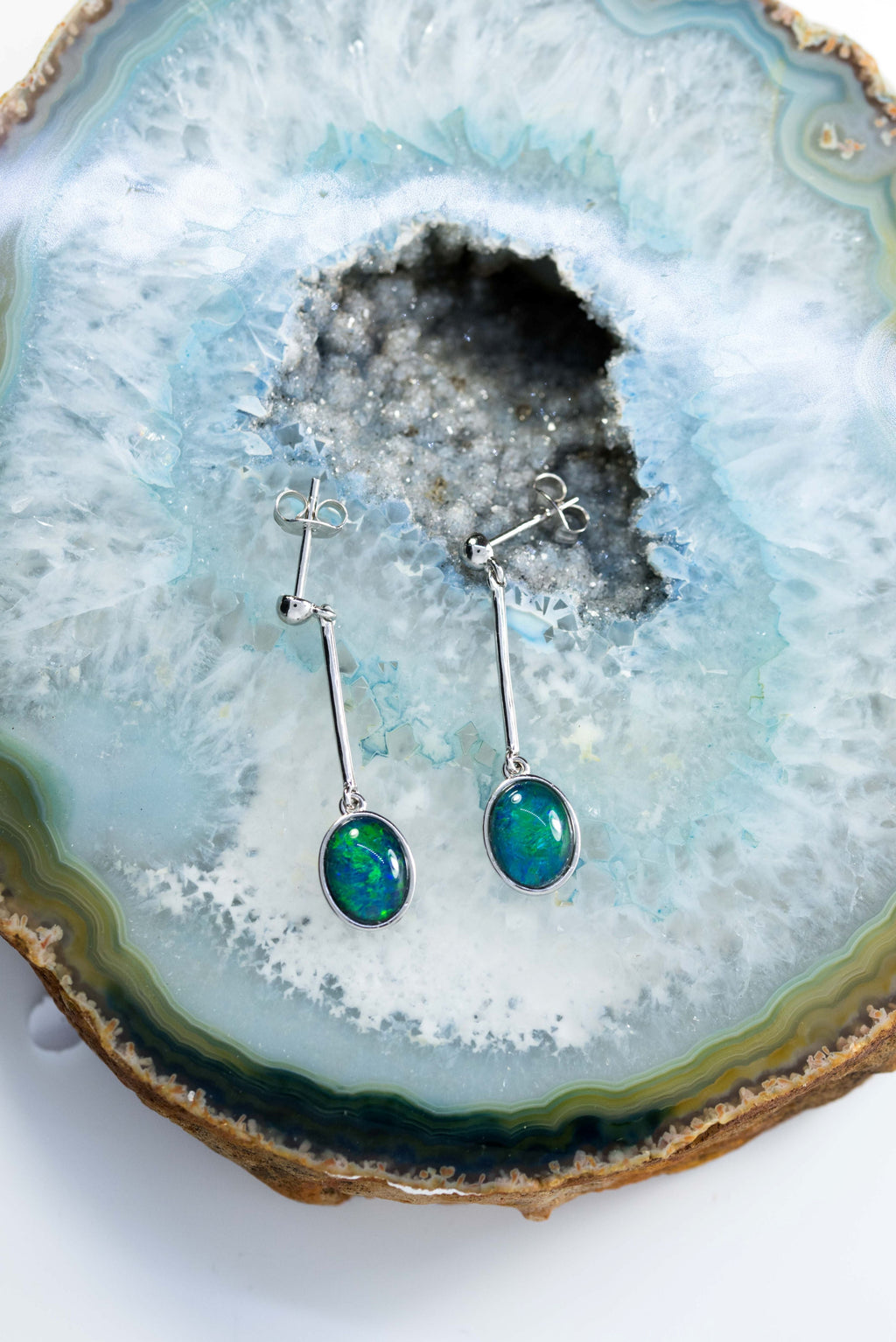 Australian Triplet Opal Earrings - Green Blue Dangling Opal - Genuine Australian Triplet Opal Earrings in Sterling Silver White Gold Plated