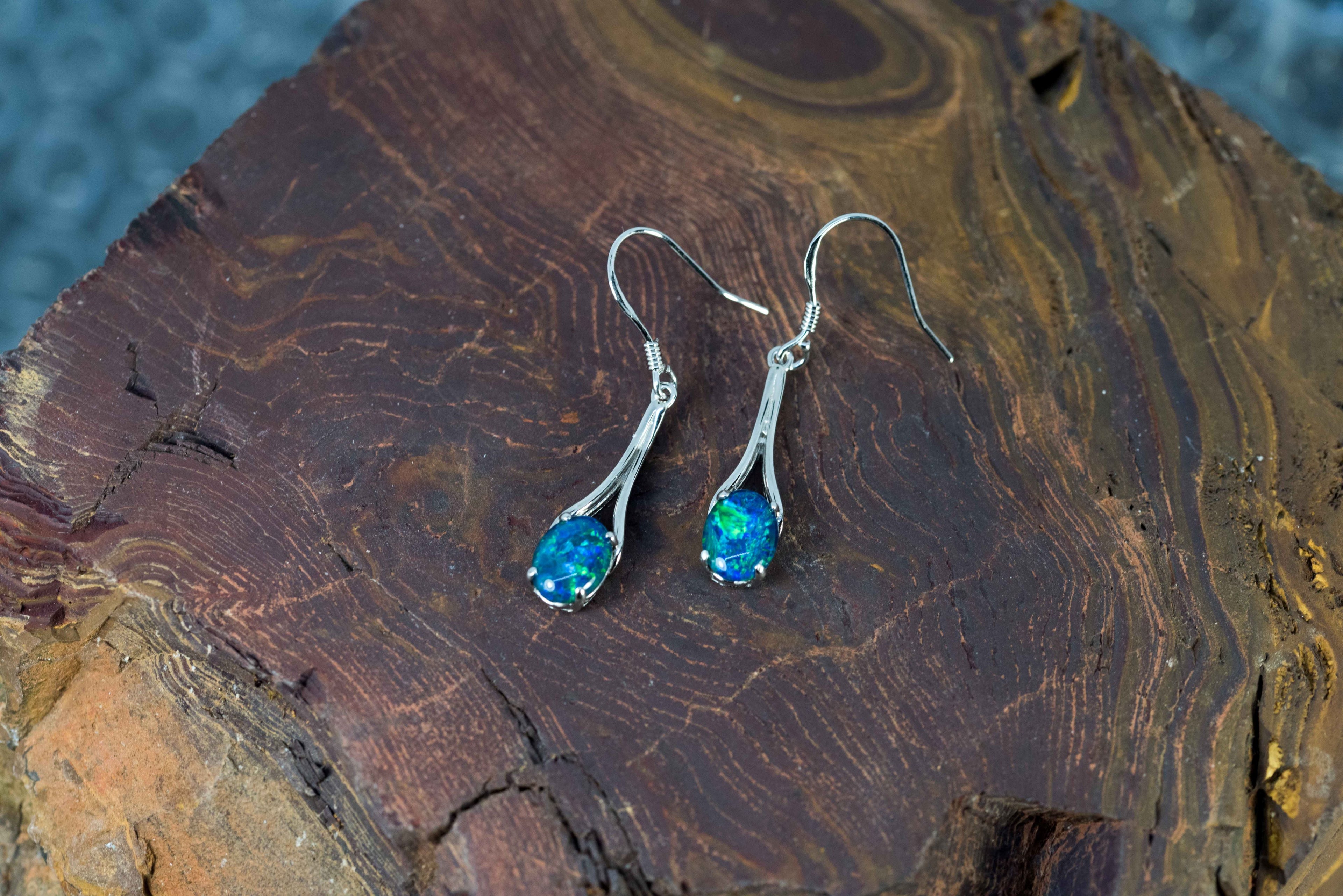 Australian Triplet Opal Earrings - Green Blue Fire Opal - Genuine Australian Triplet Opal Earrings in Sterling Silver White Gold Plated