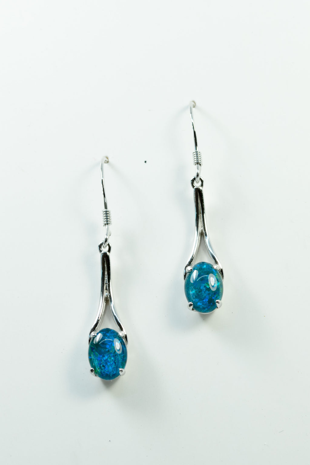 Australian Triplet Opal Earrings - Green Blue Fire Opal - Genuine Australian Triplet Opal Earrings in Sterling Silver White Gold Plated