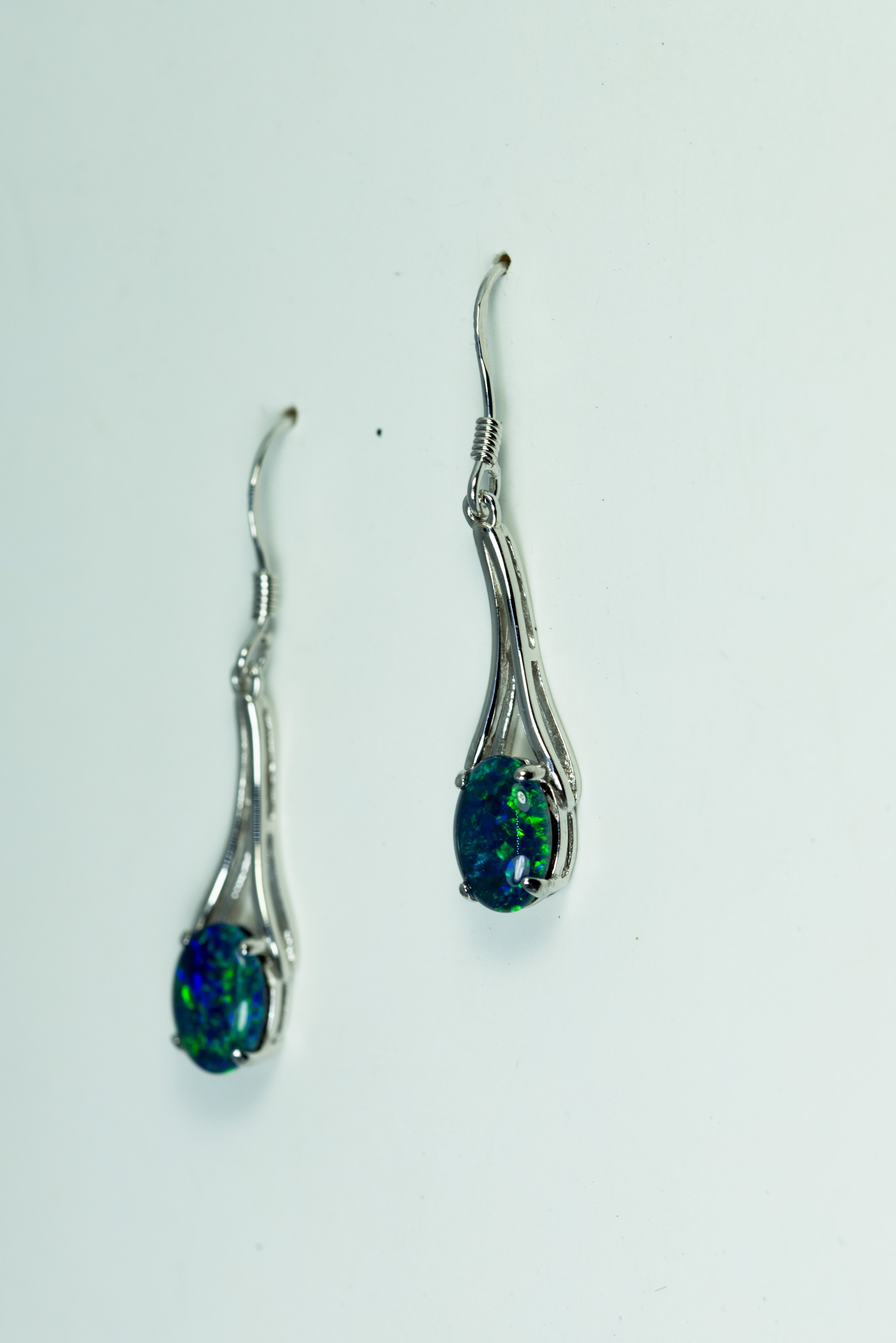 Australian Triplet Opal Earrings - Green Blue Fire Opal - Genuine Australian Triplet Opal Earrings in Sterling Silver White Gold Plated
