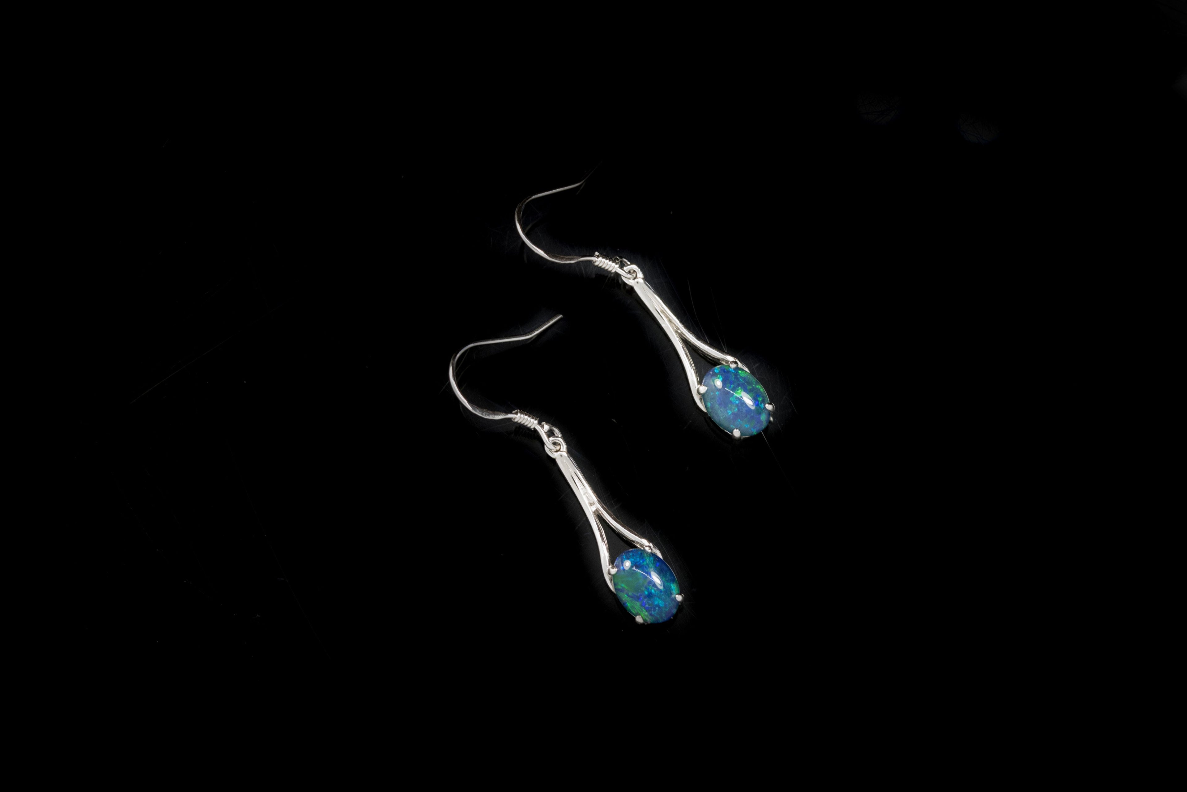 Australian Triplet Opal Earrings - Green Blue Fire Opal - Genuine Australian Triplet Opal Earrings in Sterling Silver White Gold Plated