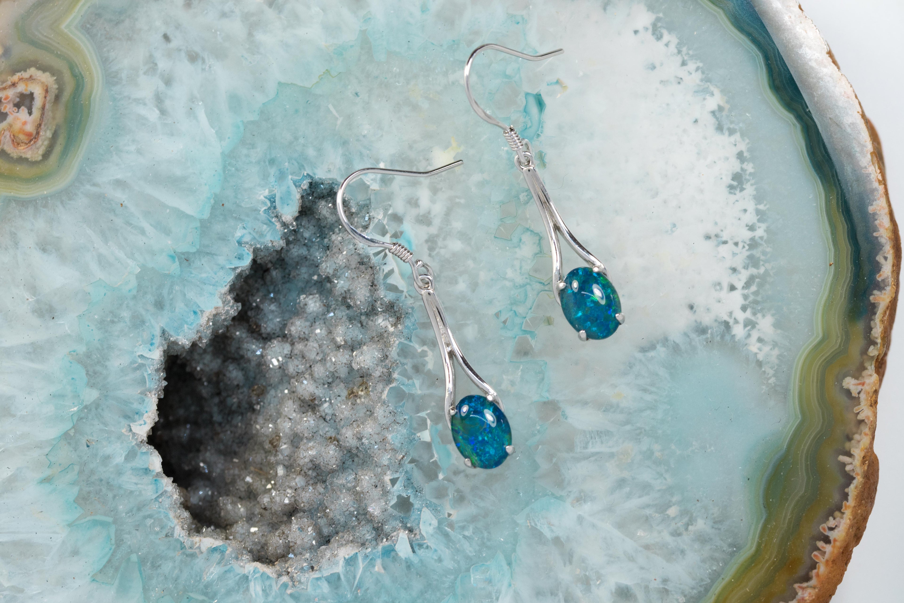 Australian Triplet Opal Earrings - Green Blue Fire Opal - Genuine Australian Triplet Opal Earrings in Sterling Silver White Gold Plated