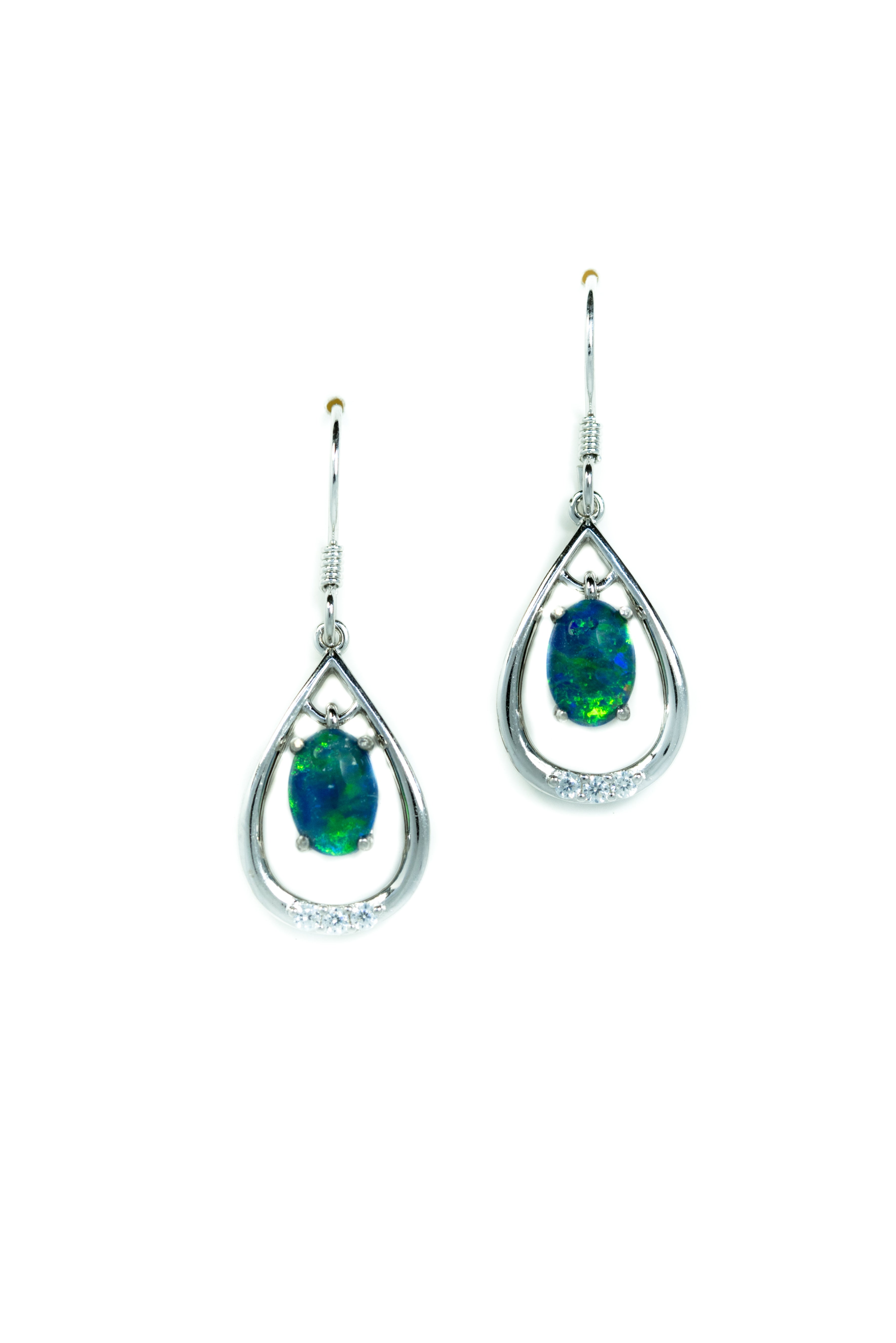 Australian Triplet Opal Earrings - Green Blue Fire Opal - Genuine Australian Triplet Opal Earrings in Sterling Silver White Gold Plated