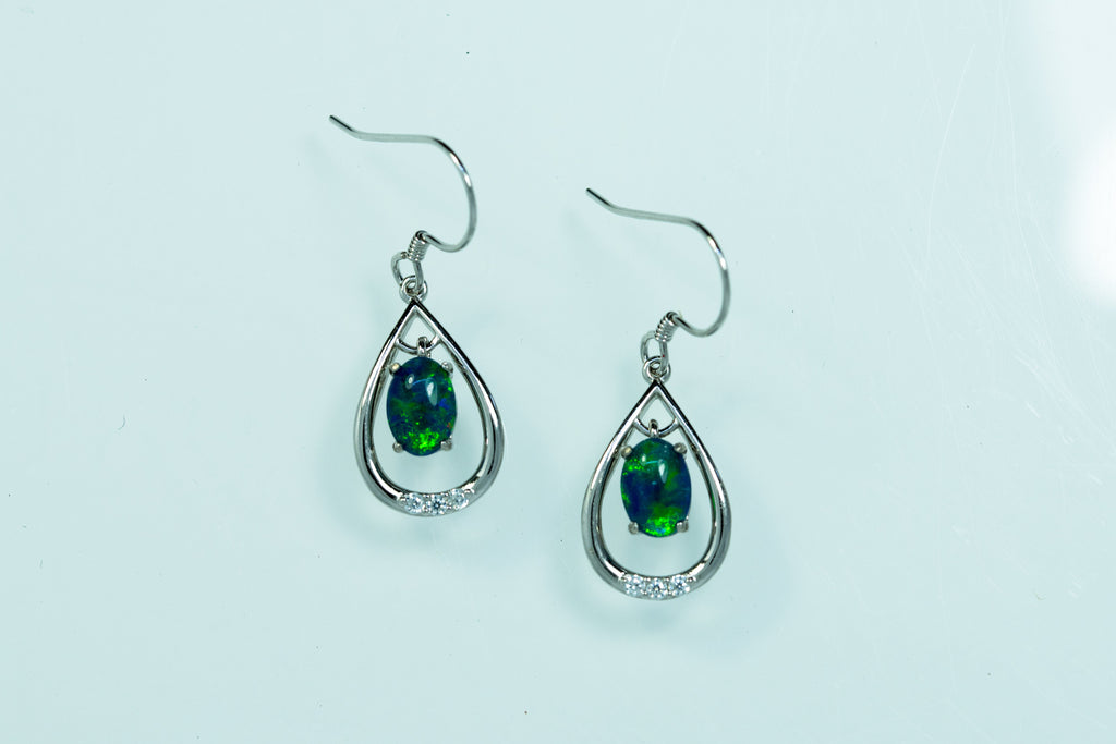 Australian Triplet Opal Earrings - Green Blue Fire Opal - Genuine Australian Triplet Opal Earrings in Sterling Silver White Gold Plated